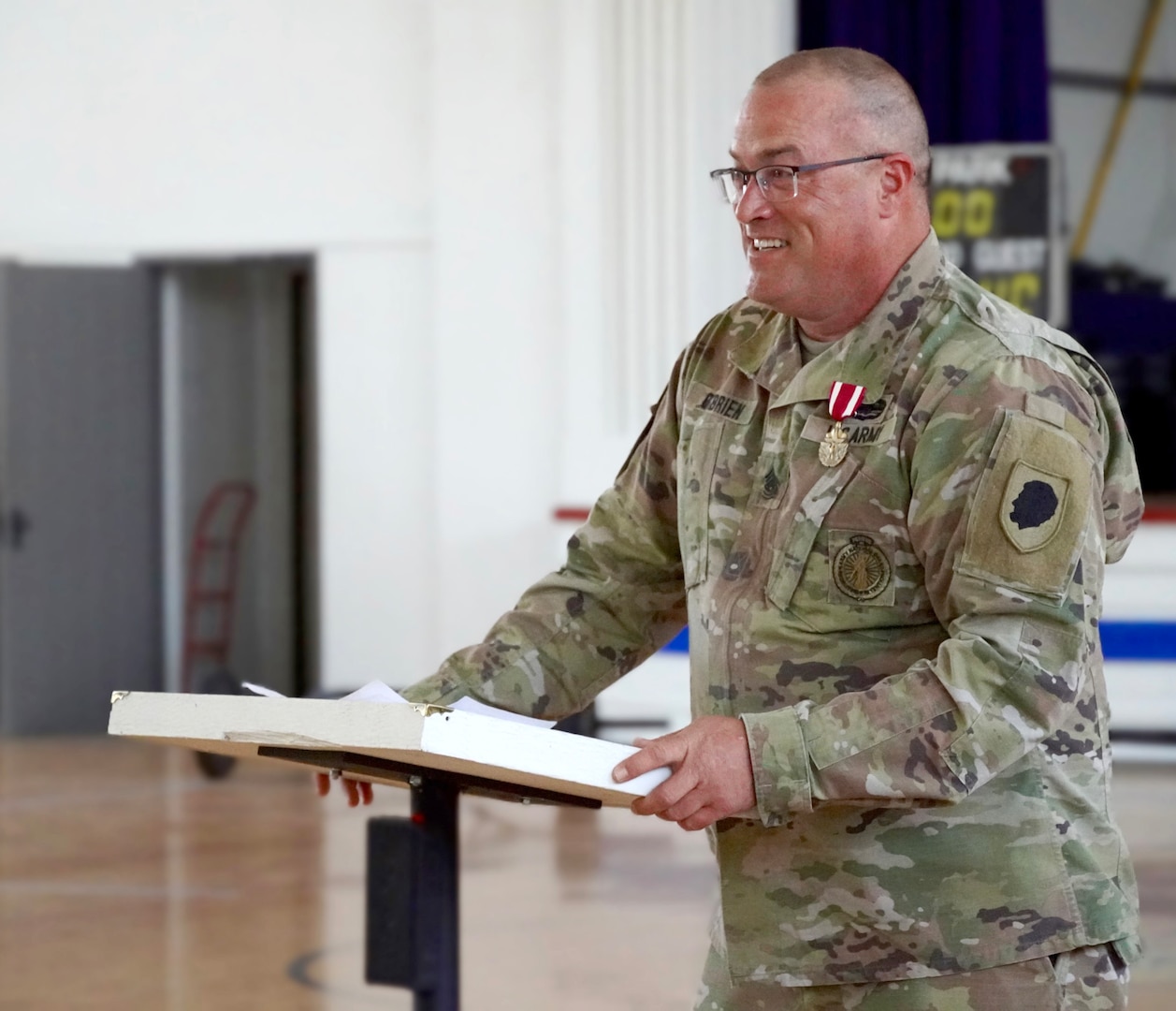 Command Sgt. Maj. Johnny O’Brien thanks friends and family for their support during his 28 years of service in the Illinois Army National Guard (ILARNG) during a retirement ceremony June 9 at the ILARNG armory in Dixon, Illinois.