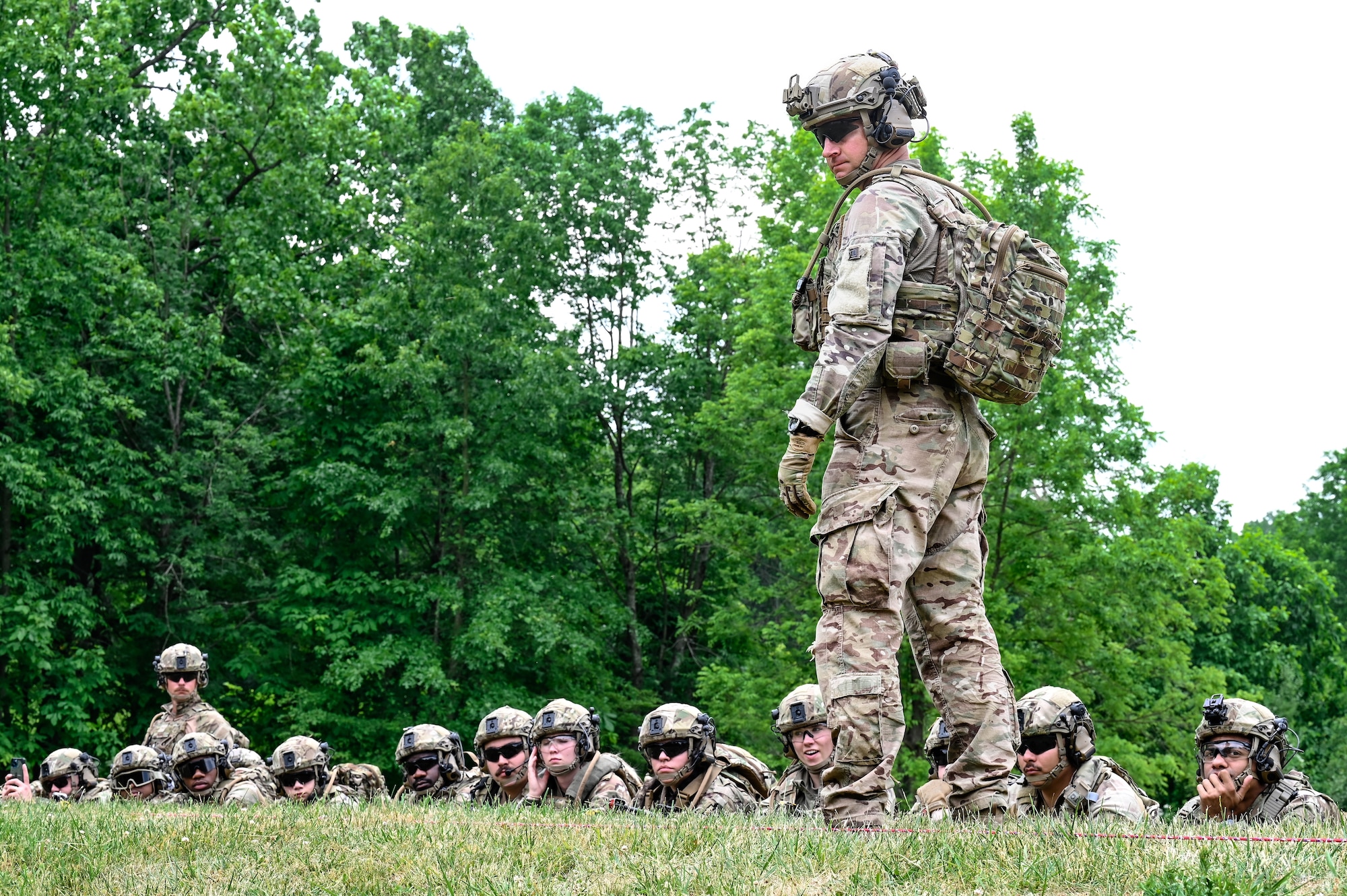 Tech. Sgt. Anthony McDaniel, an Integrated Defense Leadership Course cadre member assigned to the 914th Security Forces Squadron, Niagara Falls Air Reserve Station, New York, secures the line prior to the detonation of a claymore on June 8, 2023, at Camp James A. Garfield Joint Military Training Center, Ohio.