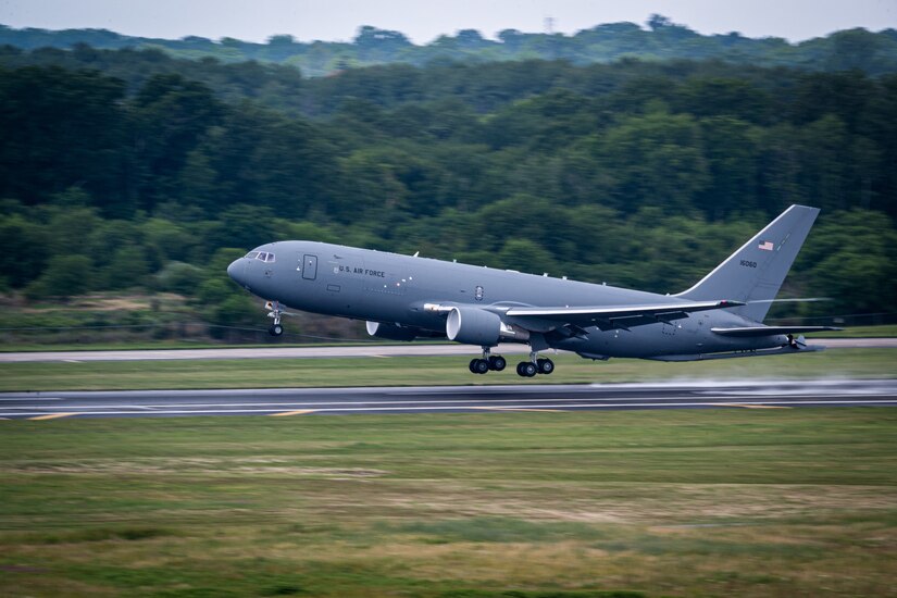 A KC-46A Pegasus takes off to participate in Operation Centennial Contact at Joint Base McGuire-Dix-Lakehurst, N.J., June 27, 2023.