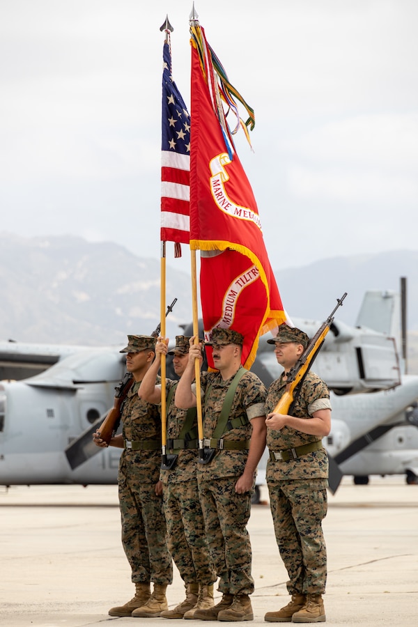 U.S. Marines with Marine Medium Tiltrotor Squadron (VMM) 164, Marine Aircraft Group 39, 3rd Marine Aircraft Wing participate in the relief and appointment ceremony of Sgt. Maj. Christopher Ashley and Sgt. Maj. Benjamin Maynard on Marine Corps Air Station Camp Pendleton, California, June 22, 2023. The sergeant major, as the senior enlisted leader and advisor, is the keeper of traditions for his or her unit. (U.S. Marine Corps photo by Lance Cpl. Gadiel Zaragoza)