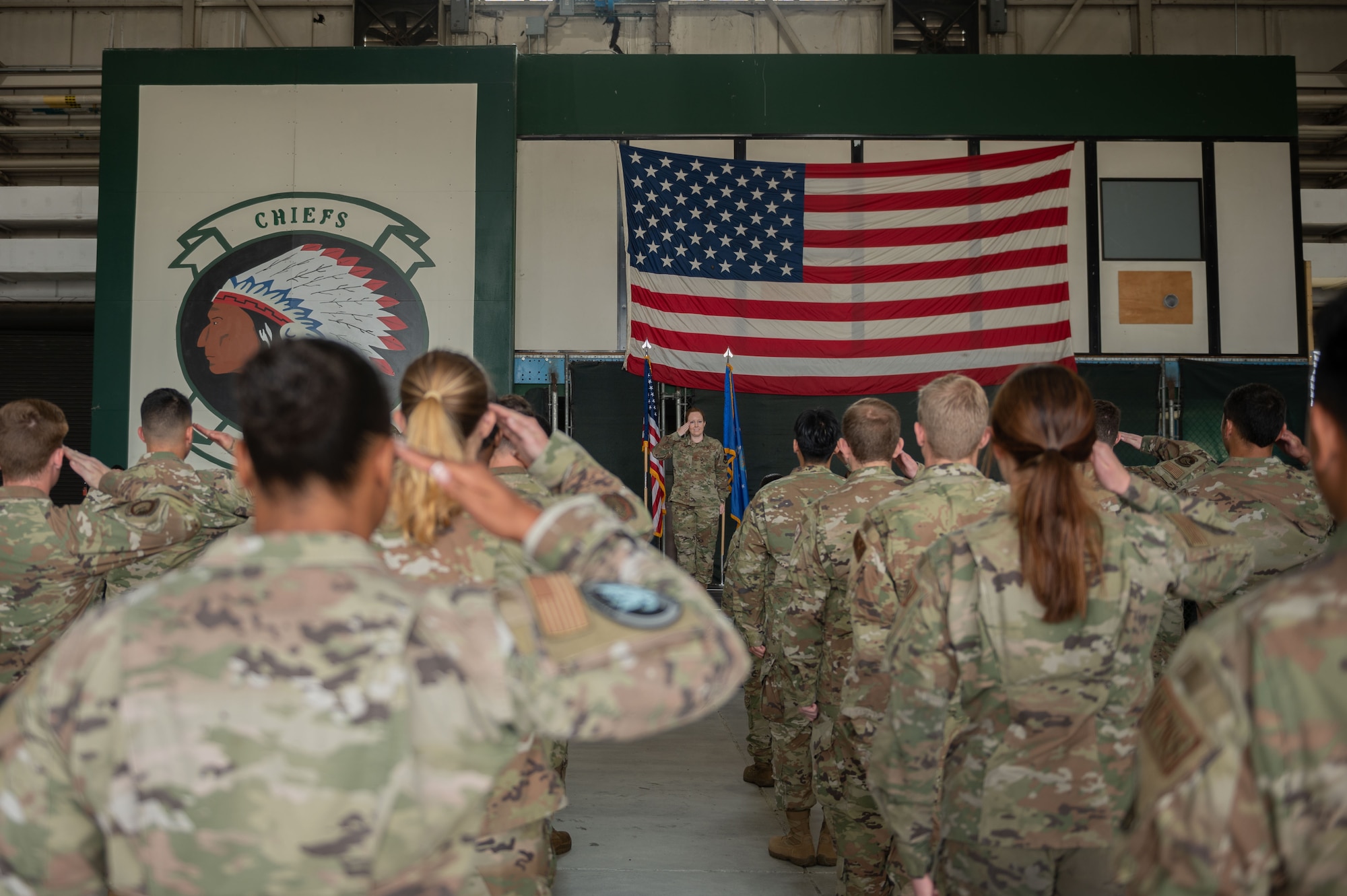 U.S. Air Force Maj. Madison Gilbert, left, incoming 335th Fighter Generation Squadron commander, renders her first salute to the 335th FGS during a change of command ceremony at Seymour Johnson Air Force Base, North Carolina, June 23, 2023. The first salute is tradition in marking the beginning of a new command. (U.S. Air Force photo by Airman 1st Class Rebecca Sirimarco-Lang)