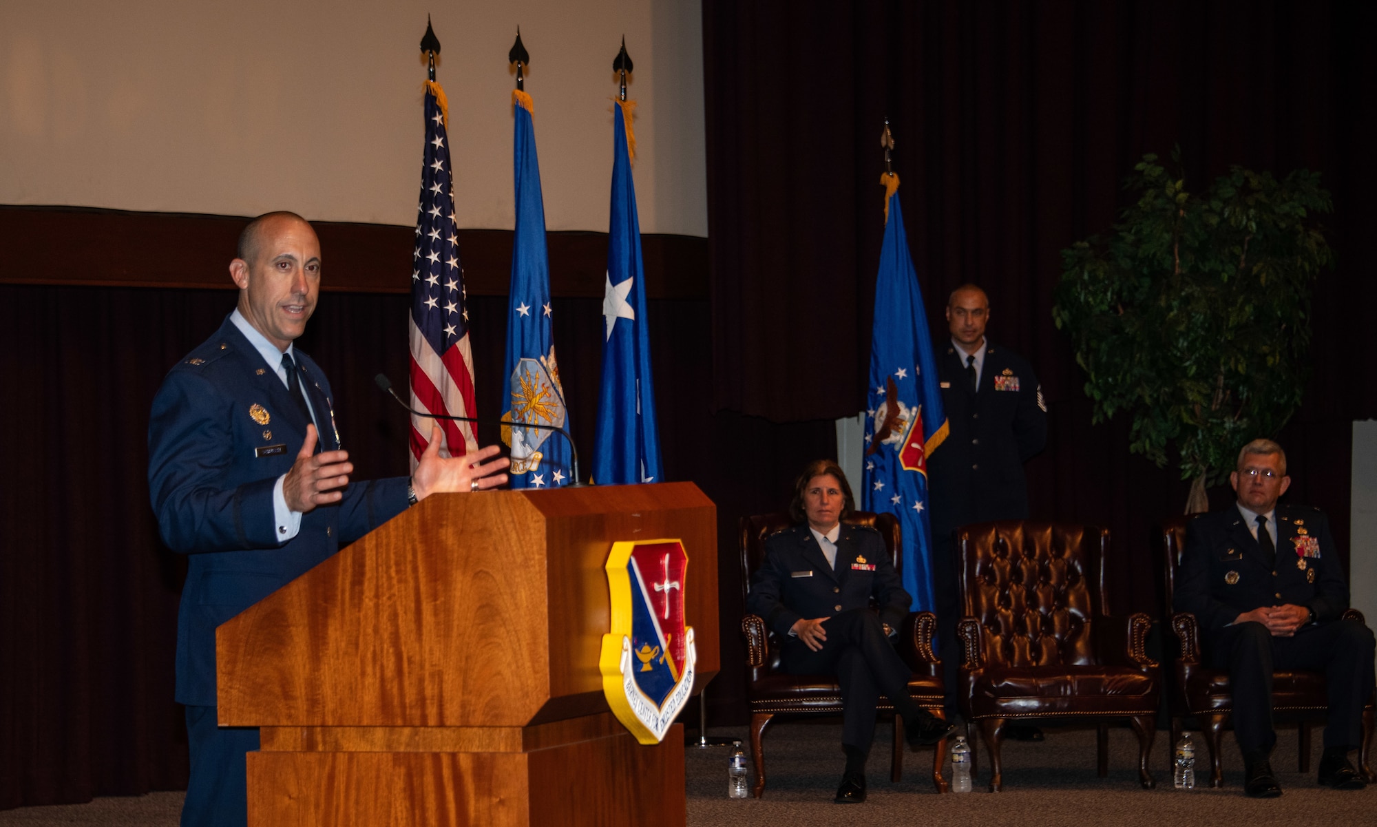Col. Damian Schlussel, Thomas N. Barnes Center for Enlisted Education commander, address the unit and attendees during a change of command ceremony at the Senior Noncommissioned Officer Academy on Maxwell Air Force Base - Gunter Annex, June 28, 2023. (U.S. Air Force photo/Brian Ferguson)