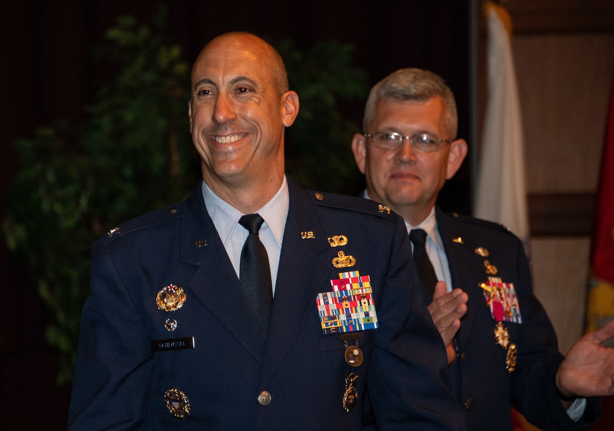 Col. Damian Schlussel smiles after assuming command of the Thomas N. Barnes Center for Enlisted Education during a change of command ceremony at the Senior Noncommissioned Officer Academy on Maxwell Air Force Base - Gunter Annex, June 28, 2023. (U.S. Air Force photo/Brian Ferguson)