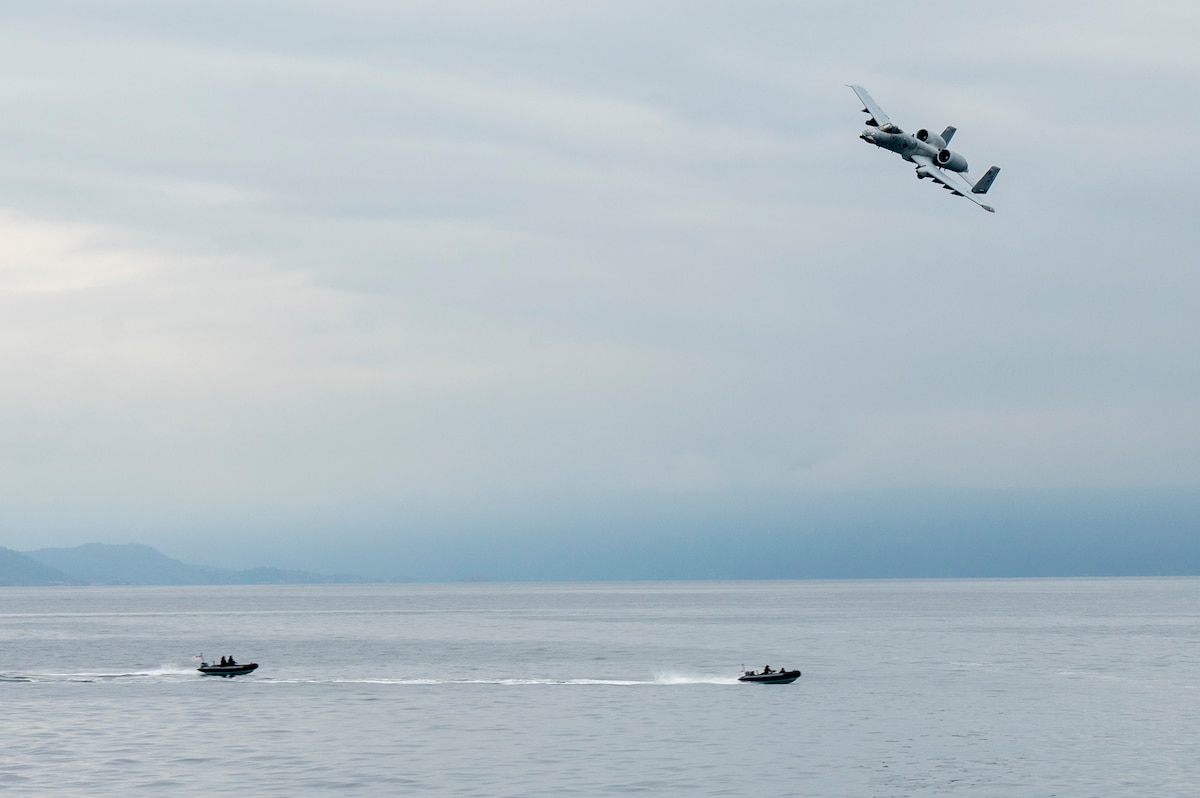 A-10 Thunderbolt II provides close air support for naval ships during EXERCISE AGILE BLIZZARD-UNIFIED VISION 2023
