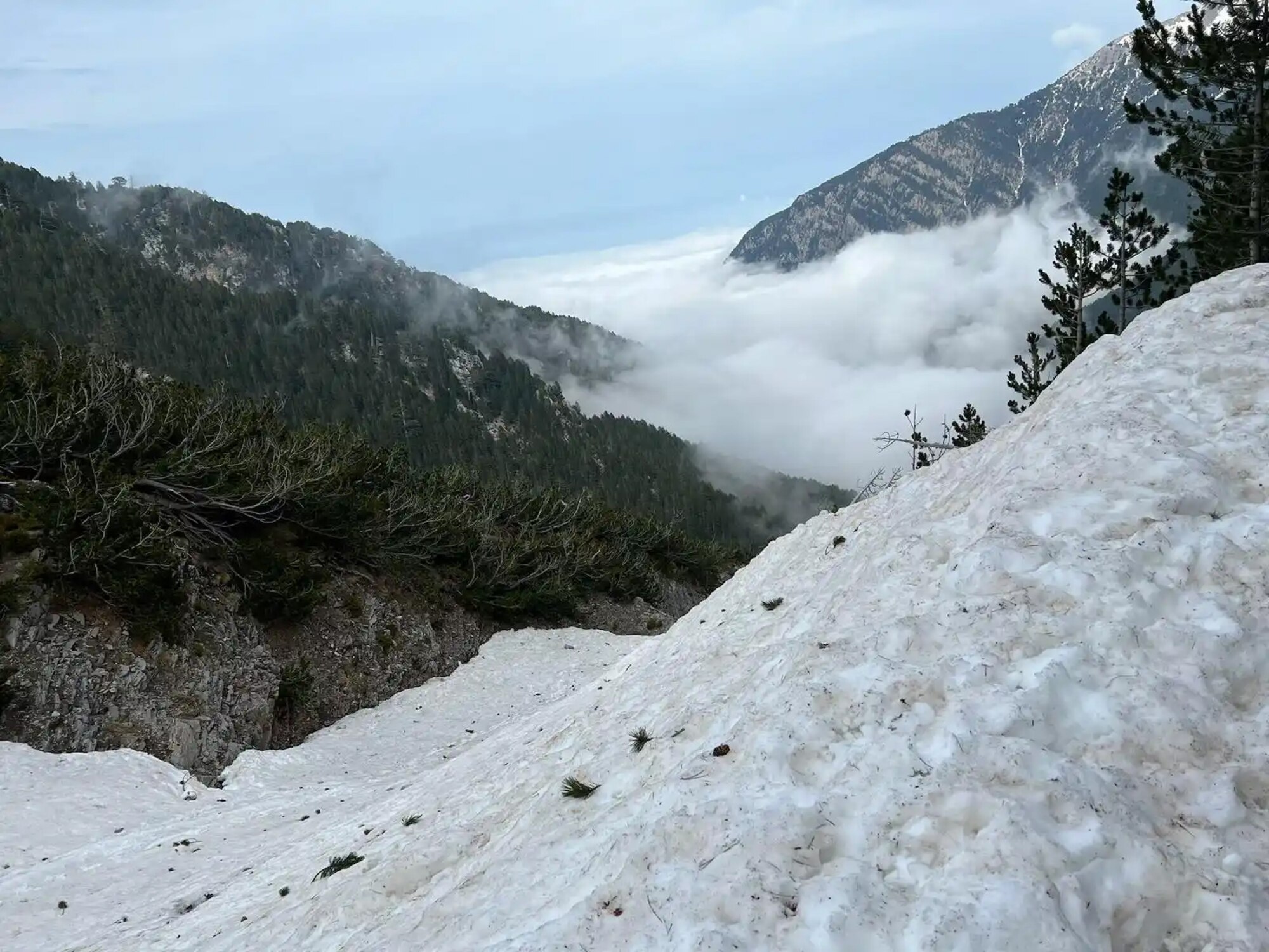 An icy slope on Mt. Olympus barely wide enough for one person to walk across.