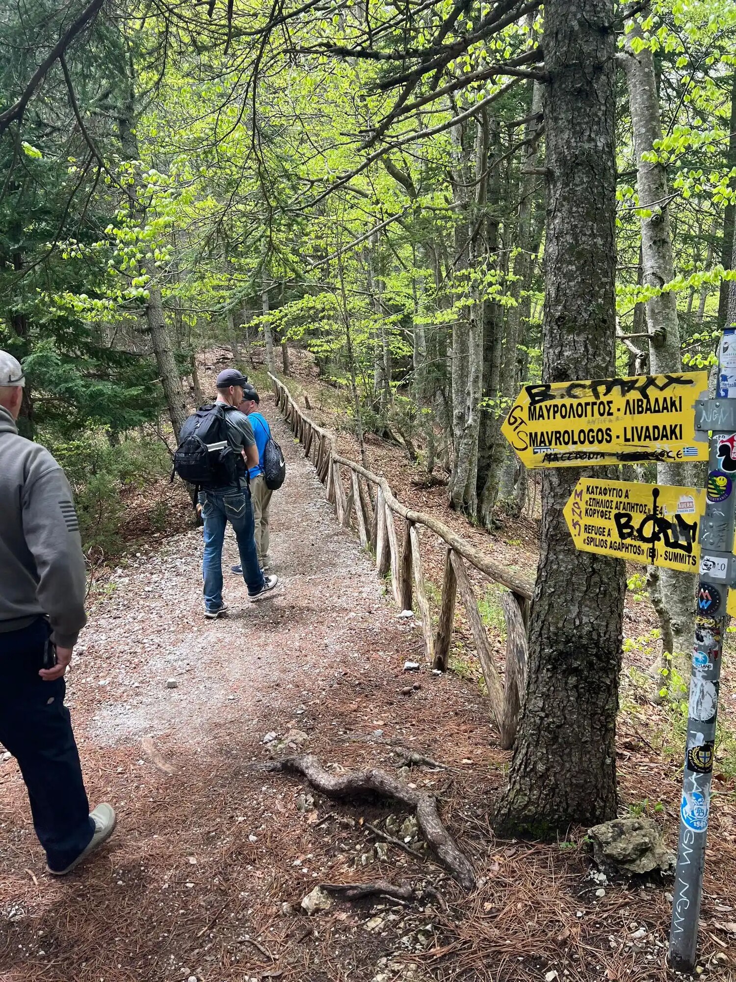 Two hikers walk along a path marked by Greek-language signs.