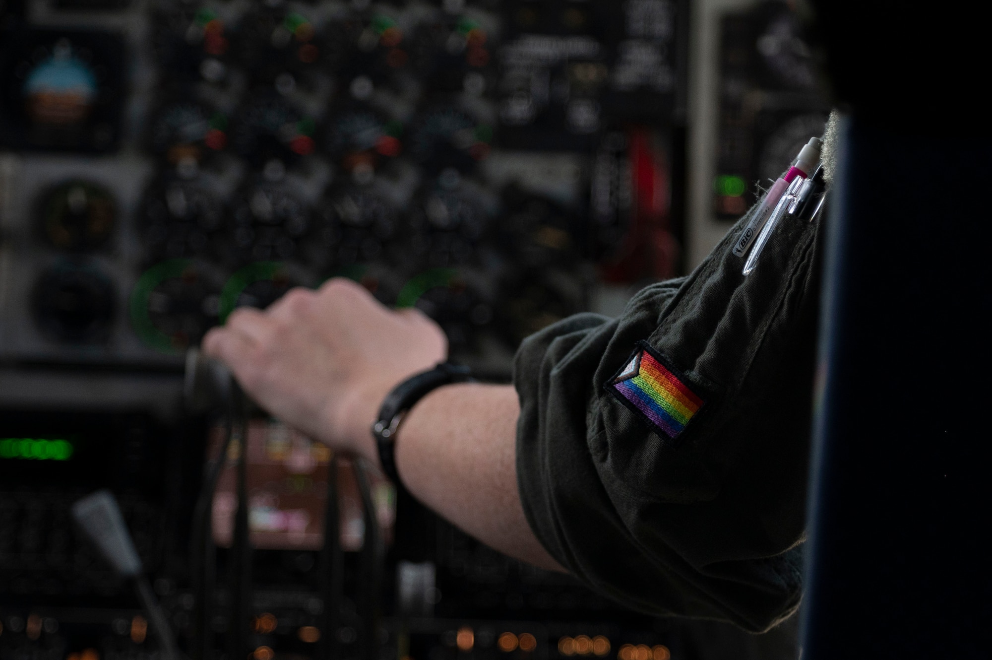 U.S. Air Force Capt. Madison Martin, a pilot assigned to the 97th Air Refueling Squadron, flies a KC-135 Stratotanker from Fairchild Air Force Base, Washington, June 22, 2023. Martin participated in a Pride flight that honors the diverse backgrounds and strengths that the lesbian, gay, bisexual, trans, queer, plus Airmen bring to the Fairchild mission. (U.S. Air Force photo by Airman 1st Class Lillian Patterson)