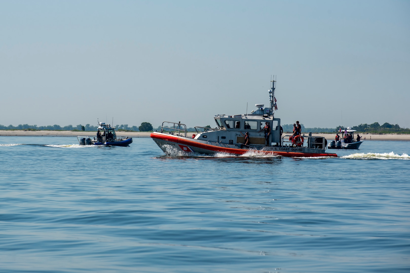 A Coast Guard Station Charleston 45-foot Response Boat-Medium boat crew participates in a mass rescue exercise in the Port of Charleston, South Carolina, June 28, 2023.