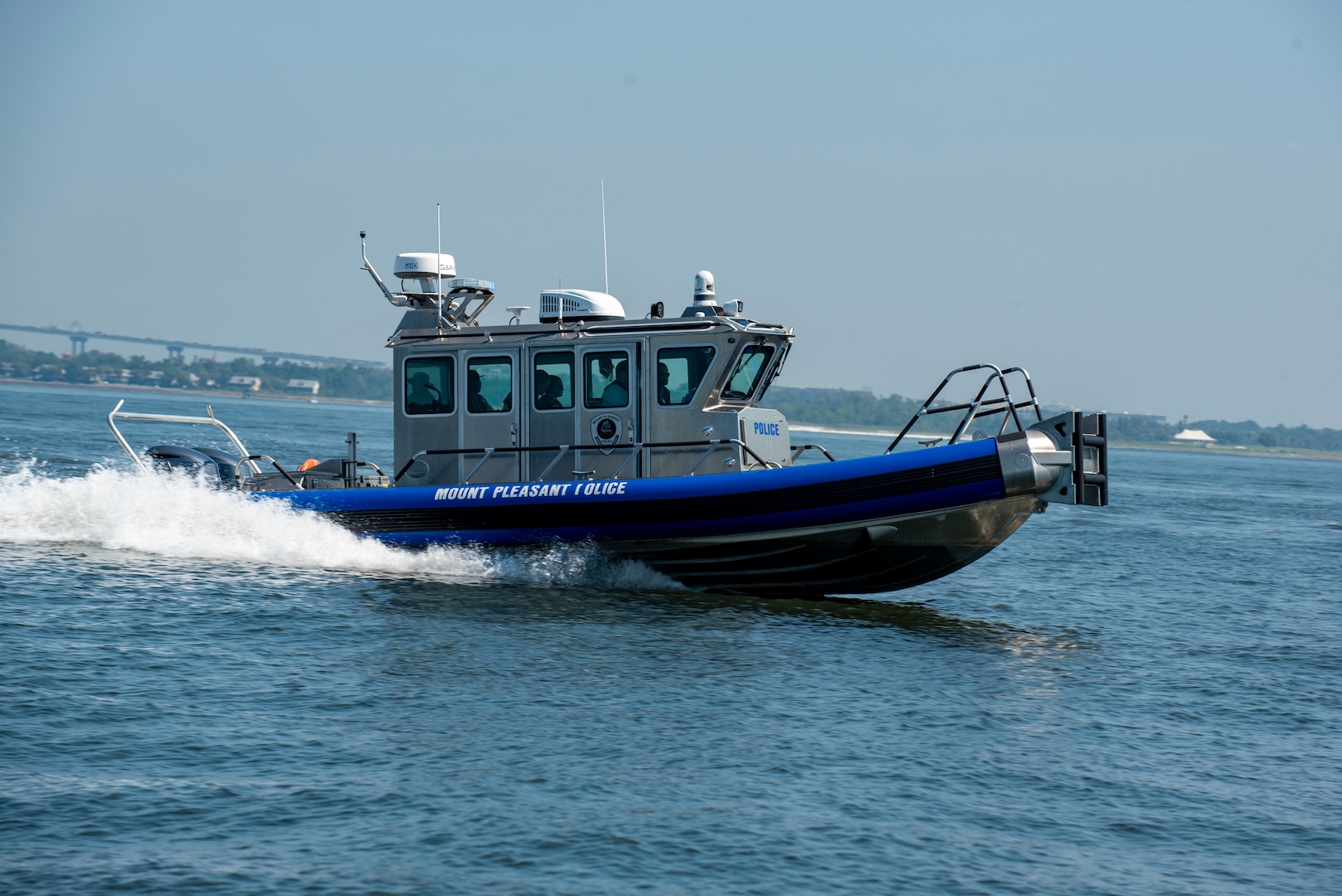 A Mount Pleasant Police Department boat crew participates in a mass rescue exercise in the Port of Charleston, South Carolina, June 28, 2023.