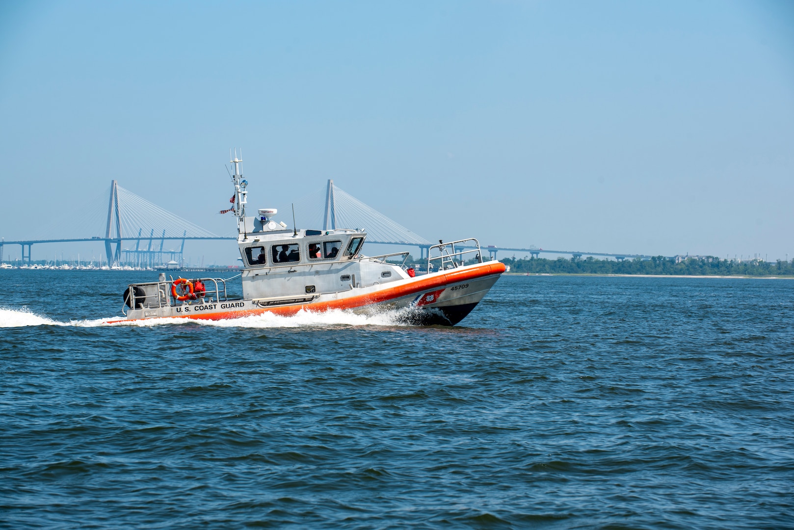A Coast Guard Station Charleston 45-foot Response Boat-Medium boat crew participates in a mass rescue exercise in the Port of Charleston, South Carolina, June 28, 2023.