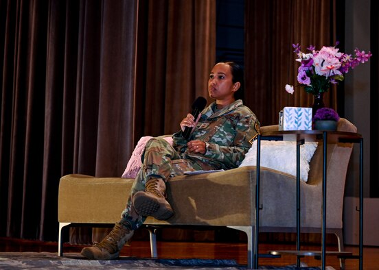 U.S. Air Force Senior Master Sgt. Michelle Foley, 30th Security Forces Squadron superintendent, security programs and analysis, shares her story of resiliency and triumph during an event hosted at the theater on Vandenberg Space Force Base, Calif., June 27, 2023. Five Air Force members presented their powerful narratives in front of a live audience to inspire unity, promote mental health awareness, and foster a culture of support within the military community. The event was sponsored by the Women of Vandenberg Empowerment Network and the chapel. (U.S. Space Force Photo by Senior Airman Tiarra Sibley)