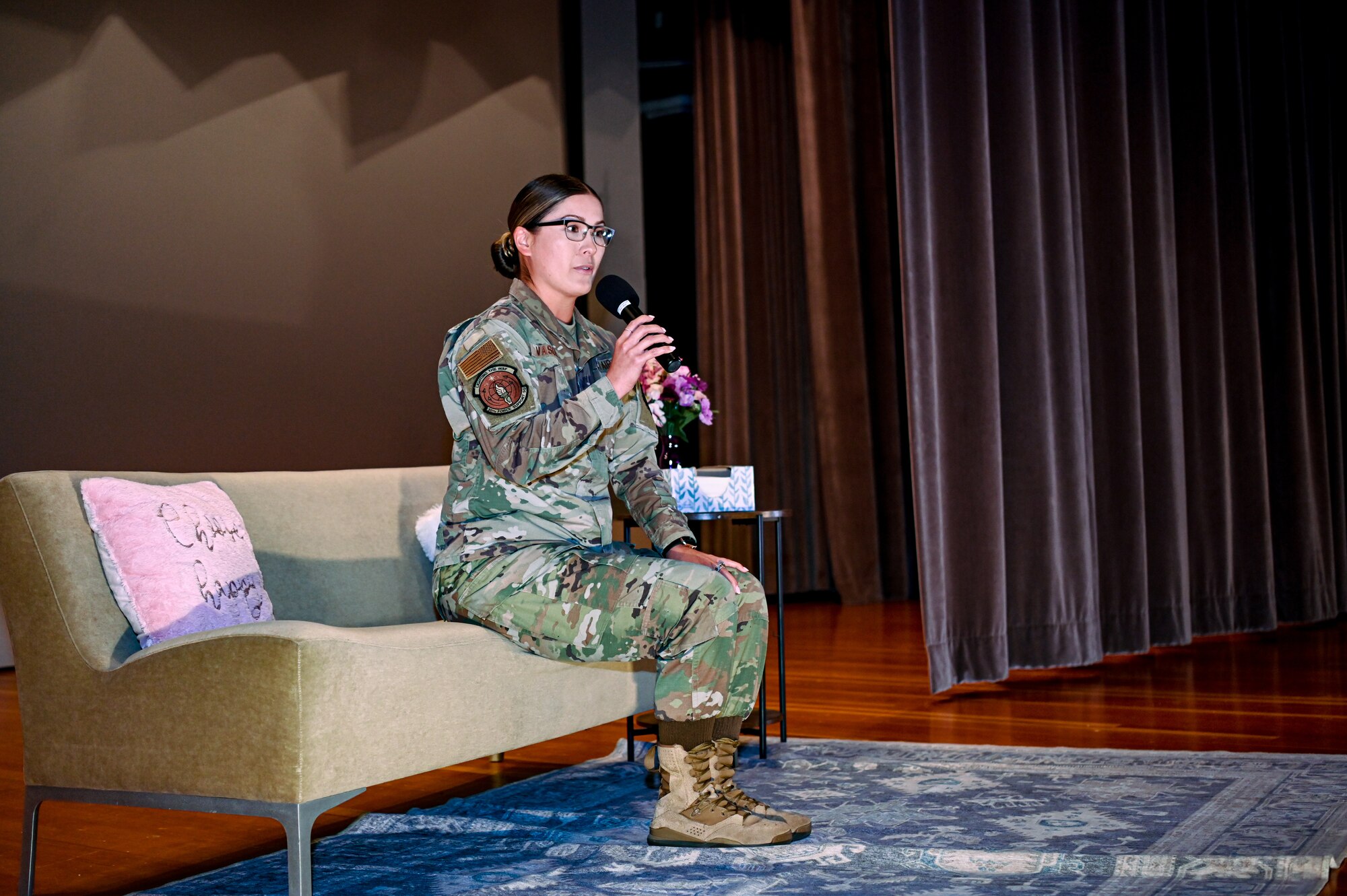 U.S. Air Force Master Sgt. Catherine Vasquez, Airman Leadership School commandant, shares her story of resiliency and triumph during an event hosted at the theater on Vandenberg Space Force Base, Calif., June 27, 2023. Five Air Force members presented their powerful narratives in front of a live audience to inspire unity, promote mental health awareness, and foster a culture of support within the military community. The event was sponsored by the Women of Vandenberg Empowerment Network and the chapel. (U.S. Space Force Photo by Senior Airman Tiarra Sibley)