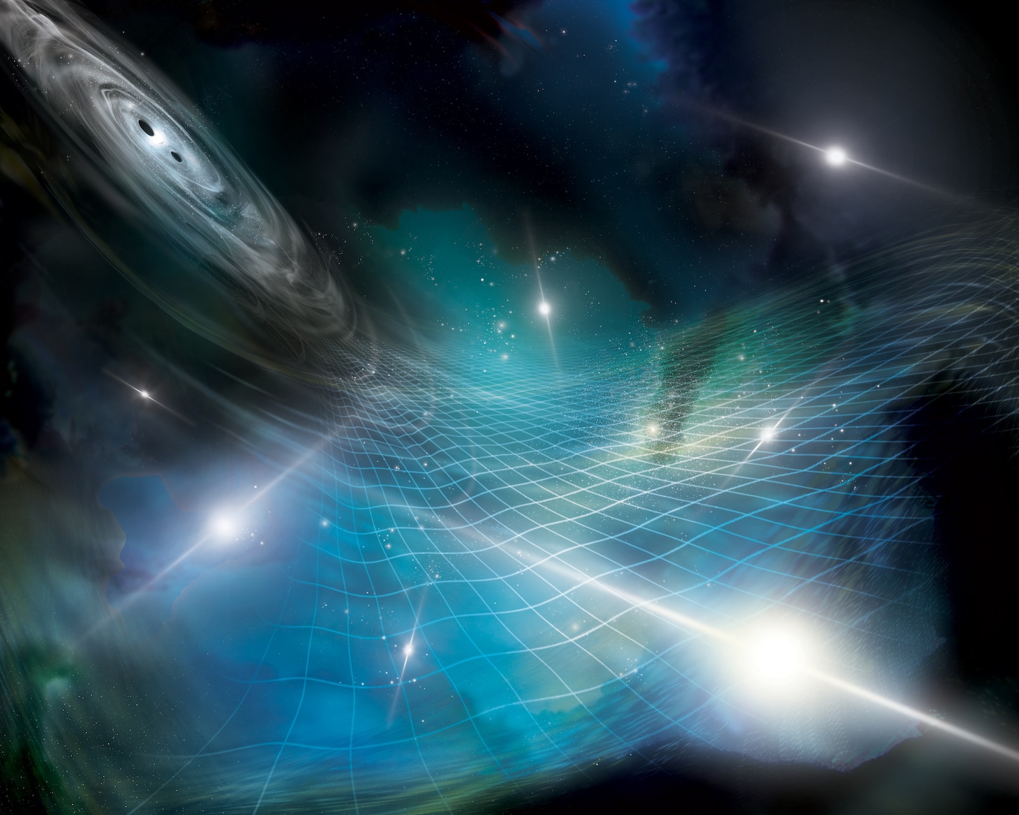 Artist’s interpretation of an array of pulsars being affected by gravitational ripples produced by a supermassive black hole binary in a distant galaxy.

Credit: Aurore Simonnet for the NANOGrav Collaboration

Public Release