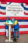 15 keel laying ceremony on June 27, 2023.  She was assisted by Mr. Perry
Sullivan, an Austal USA A-Class welder.  Courtesy photo Austal USA.