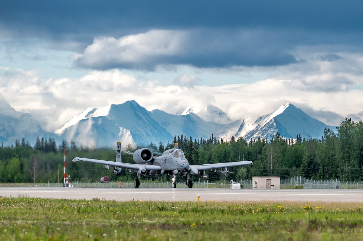 A U.S. Air Force A-10C Thunderbolt II from the 25th Fighter Squadron speeds up for take-off during the first day of Red Flag Alaska 23-2 at Eielson Air Force Base, Alaska, June 9, 2023.