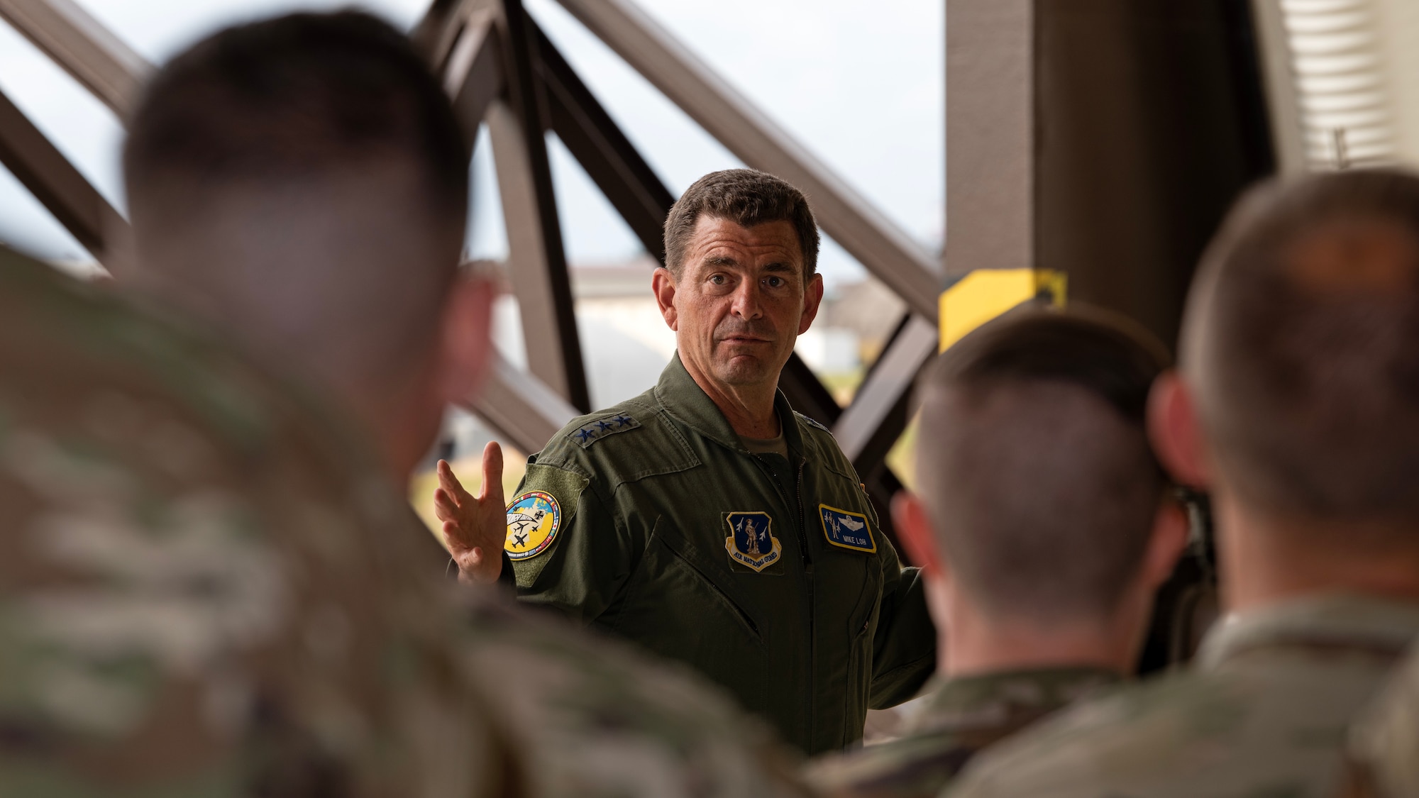 U.S. Air Force Lt. Gen. Michael Loh, Air National Guard director, visits Airmen assigned to Vermont Air National Guard’s 158th Fighter Wing prior to the conclusion of Air Defender 23.