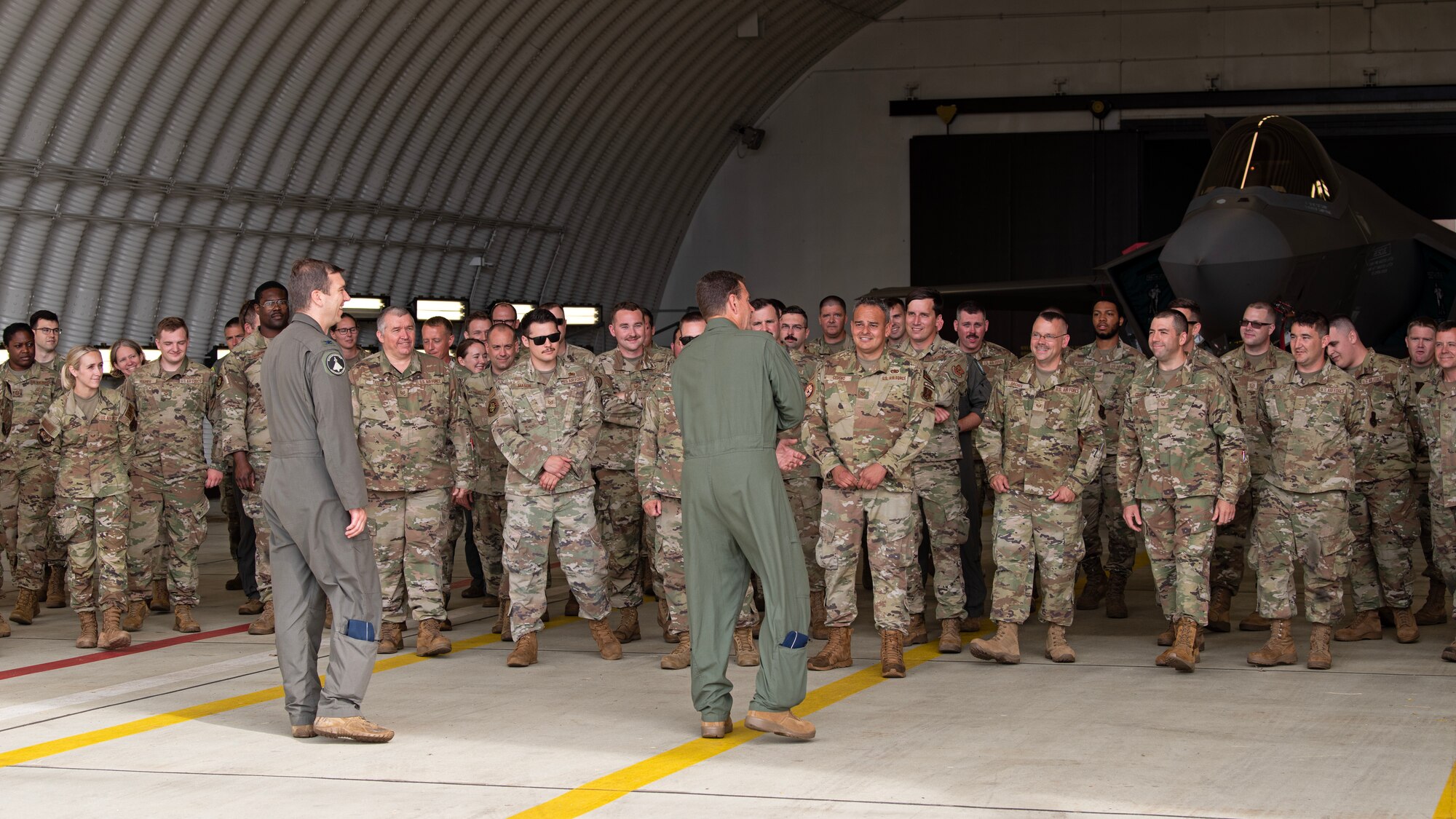 U.S. Air Force Lt. Gen. Michael Loh, Air National Guard director, speaks to Airmen assigned to Vermont Air National Guard’s 158th Fighter Wing following Air Defender 23.