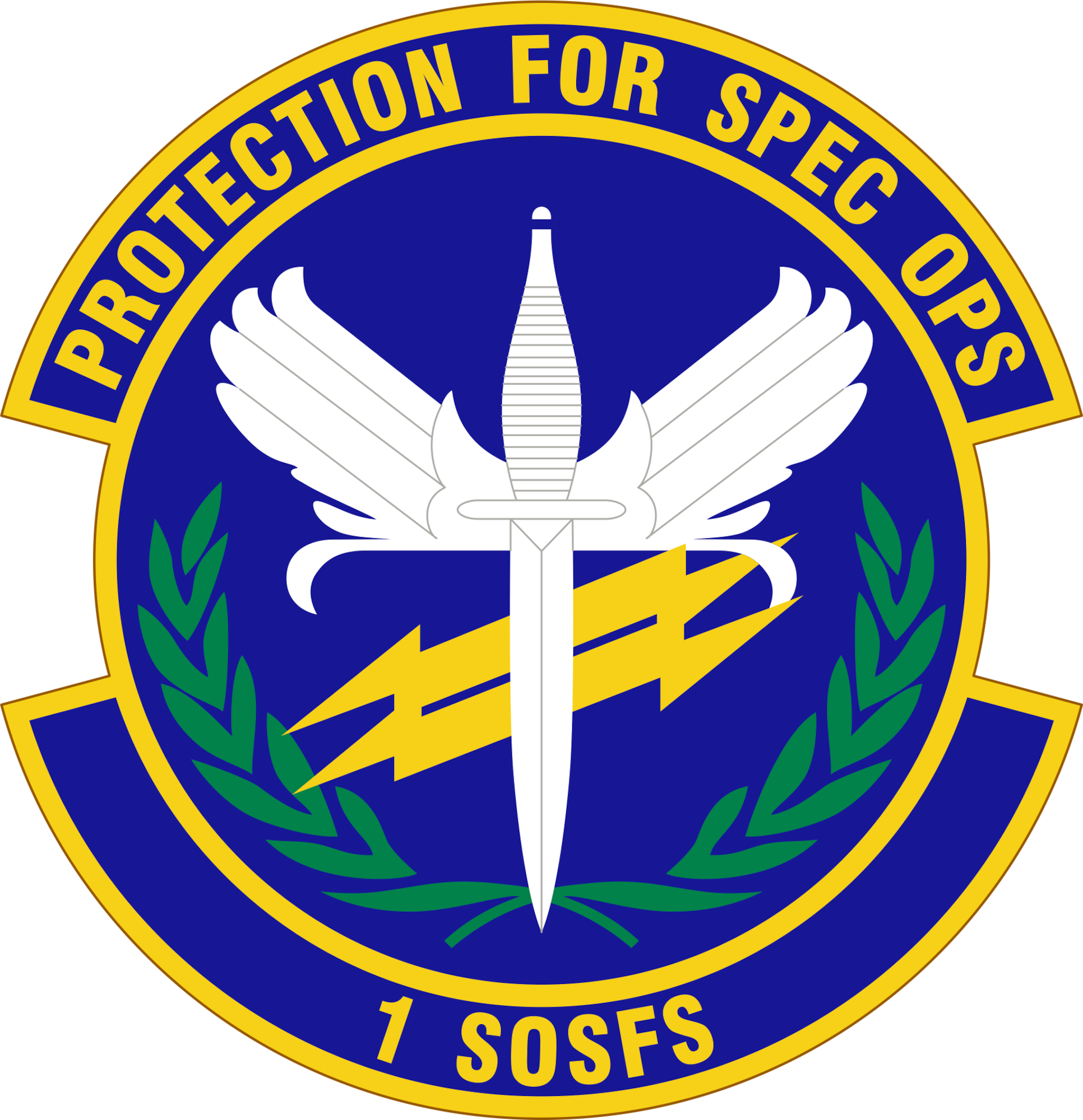 Round shield with top ribbon that reads "Protection for spec ops" and bottom ribbon that reads "1 SOSFS". The center of the shield has a dagger with wings and a double lighting bolt behind it, with a half-cirlce shaped olive brand framing the bottom of the design.