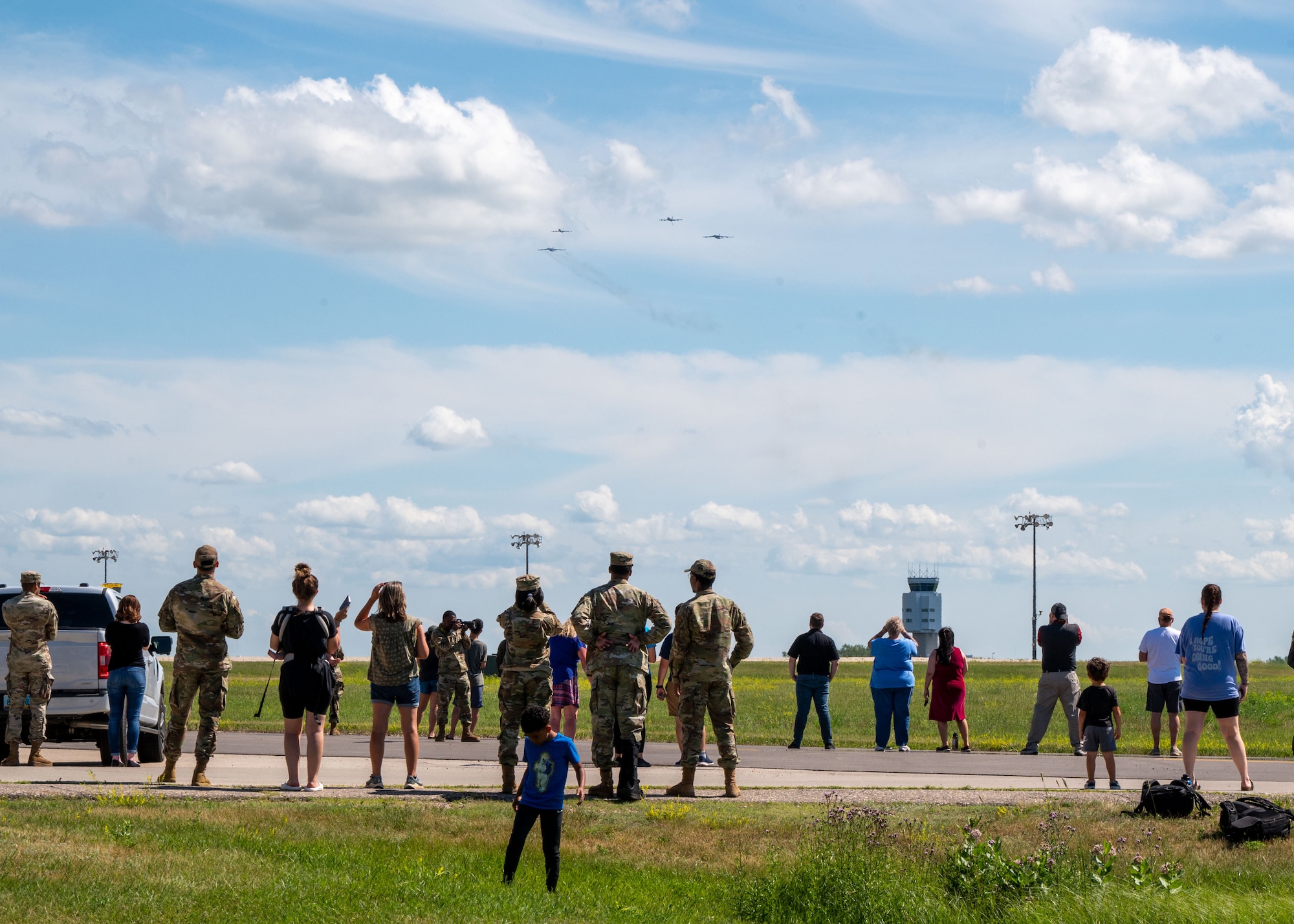A formation of two B-52 H Stratofortresses, assigned to the 5th Bomb Wing, and Two KC-135 Stratotankers, assigned to the 92nd Air Refueling Wing, fly over Minot Air Force Base, North Dakota, June 27, 2023. The flyover was part of Operation Centennial Contact, celebrating 100 years of air refueling. (U.S. Air Force photo by Airman 1st Class Alyssa Bankston)