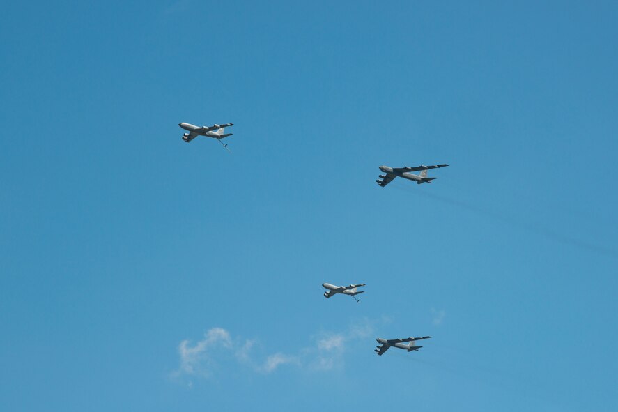 A formation of two B-52 H Stratofortresses, assigned to the 5th Bomb Wing, and Two KC-135 Stratotankers, assigned to the 92nd Air Refueling Wing, fly over Minot Air Force Base, North Dakota, June 27, 2023. The flyover was part of Operation Centennial Contact, celebrating 100 years of air refueling. (U.S. Air Force photo by Airman 1st Class Alyssa Bankston)