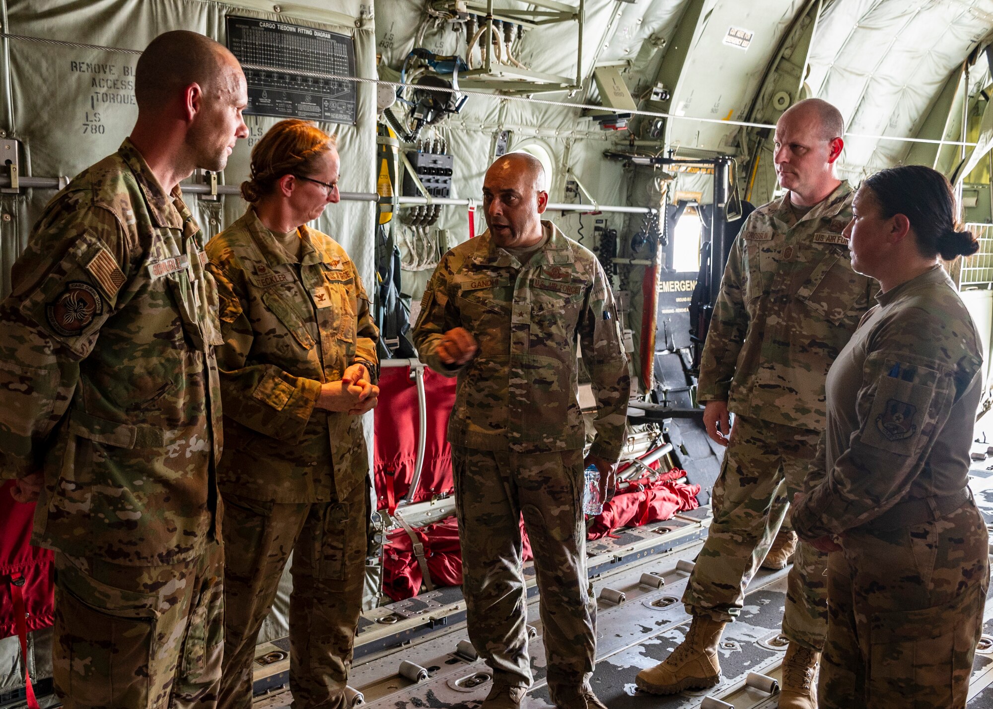 U.S. Air Force Col. Melissa Steckler, 405th Expeditionary Aeromedical Evacuation Squadron (EAES) briefs U.S. Air Force Brig. Gen. Akshai Gandhi, 378th Air Expeditionary Wing commander, on the in-flight medical kits used in theater aeromedical evacuation.