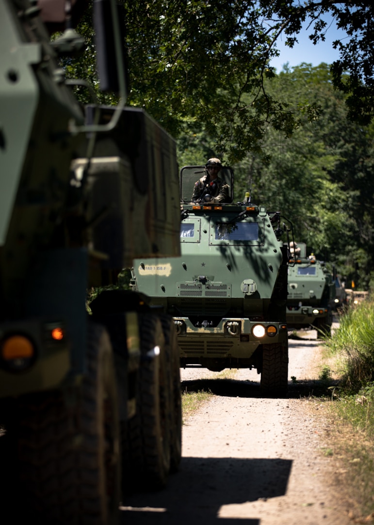 Oklahoma Army National Guard Soldiers with the 45th Field Artillery Brigade conduct a tactical convoy during exercise Western Strike at Fort Chaffee, Arkansas, June 18, 2023. Western Strike is a highly immersive and fully instrumented training comparable to a combat training center that aims to prepare units like the 45th FAB for overseas operations. (Oklahoma National Guard photo by Spc. Danielle Rayon)