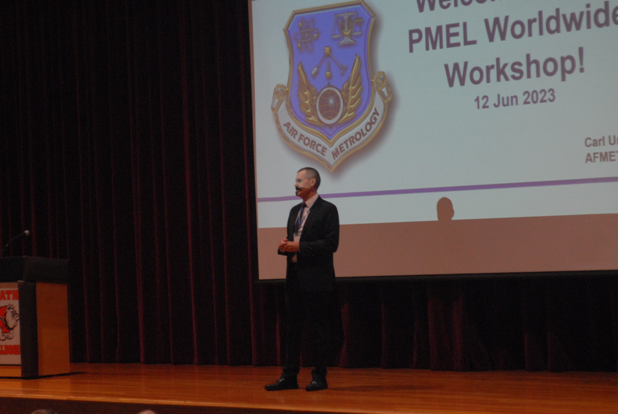 Carl Unholz, Director of Air Force Metrology gives opening remarks at the 2023 Precision Measurement Equipment Laboratory Worldwide Workshop (Courtesy photo)