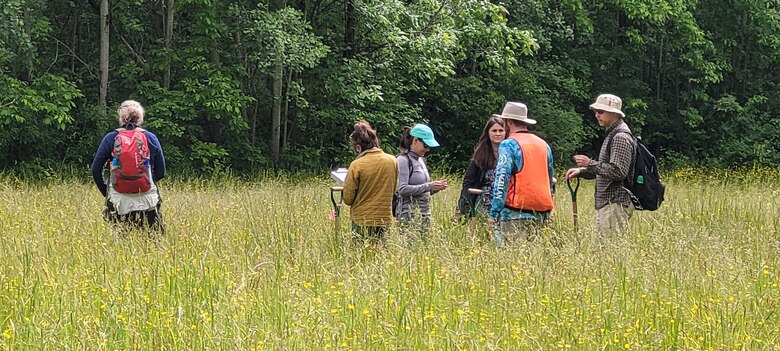 Buffalo Regulators take notes on their findings as they stand in a field of waist-high grass.