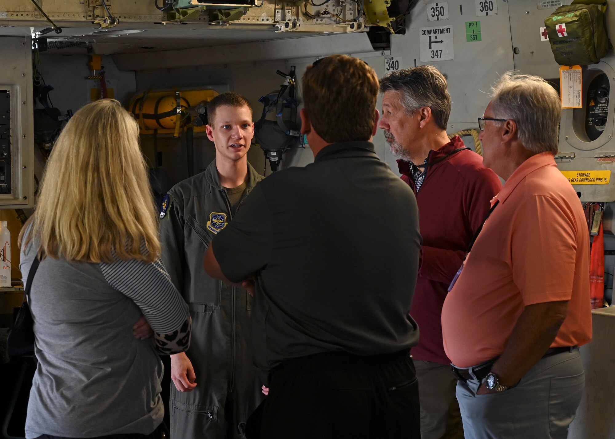U.S. Air Force Senior Airman Charles Smith, loadmaster with the 8th Airlift Squadron, briefs members of the Military Impacted Schools Association at Joint Base Lewis-McChord, Washington, June 27, 2023. MISA is a national organization of school superintendents whose mission is to serve school districts with a high concentration of military children. MISA works on funding, legislation, partnerships and programs for military families on the move. Members visited JBLM and were given a mission brief from U.S. Air Force Col. David Morales, 62d Airlift Wing vice commander, and toured a C-17 Globemaster III. (U.S. Air Force photo by Senior Airman Callie Norton)