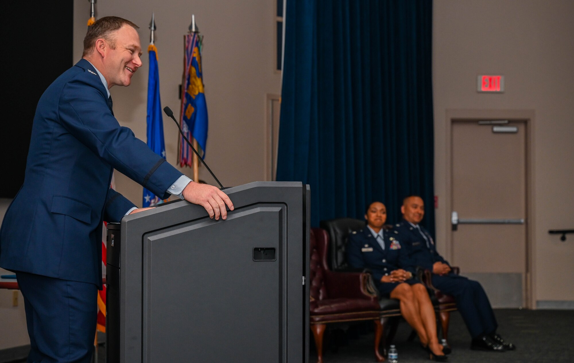 Col. Eric Bernkopf, 655th Intelligence, Surveillance, and Reconnaissance Group commander, speaks to attendees during the 23rd Intelligence Squadron change of command ceremony at Joint Base San Antonio-Lackland, Texas, June 3, 2023. During the ceremony, Lt. Col. Stephanie Hahn transferred command of the 23rd IS to Lt. Col. Phillip Inigo. (U.S. Air Force photo by Senior Airman Mark Colmenares)