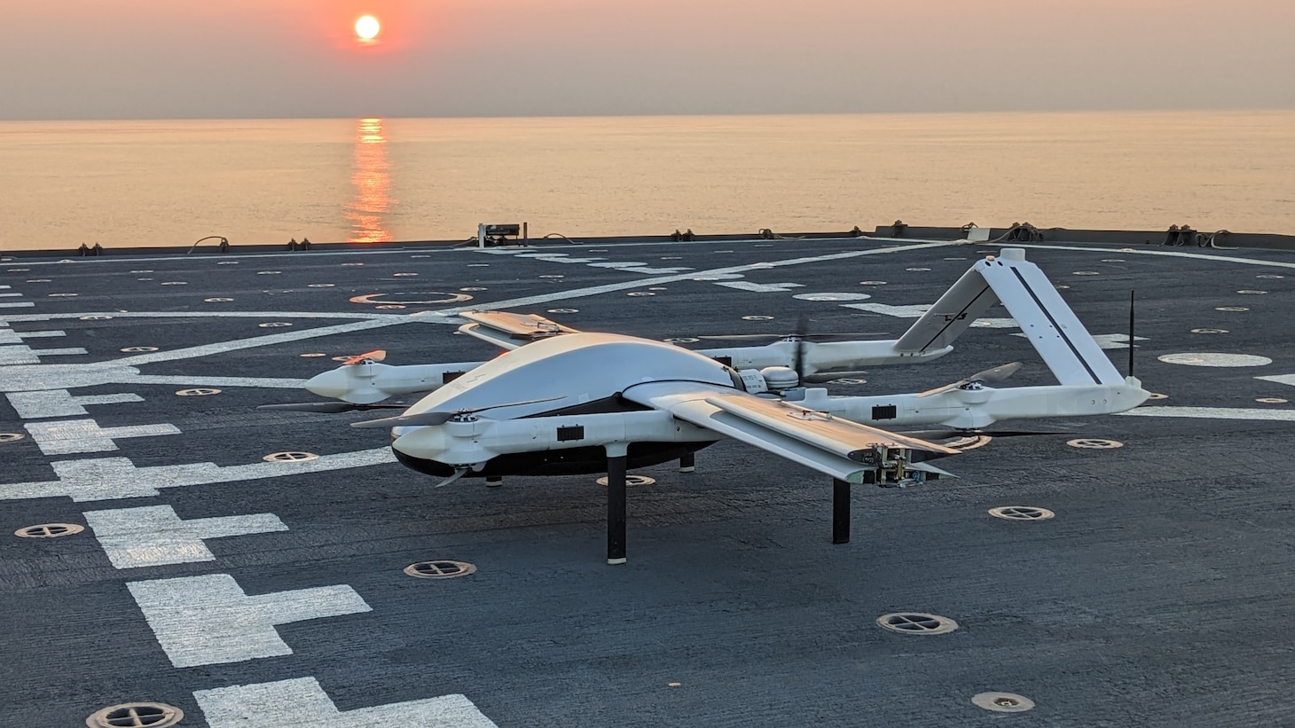 A view of a Blue Water Logistic Unmanned Areal System on the flight deck of the fleet replenishment oiler USNS Patuxent (T-AO 201) while the ship was underway in the Atlantic Ocean, June 10.