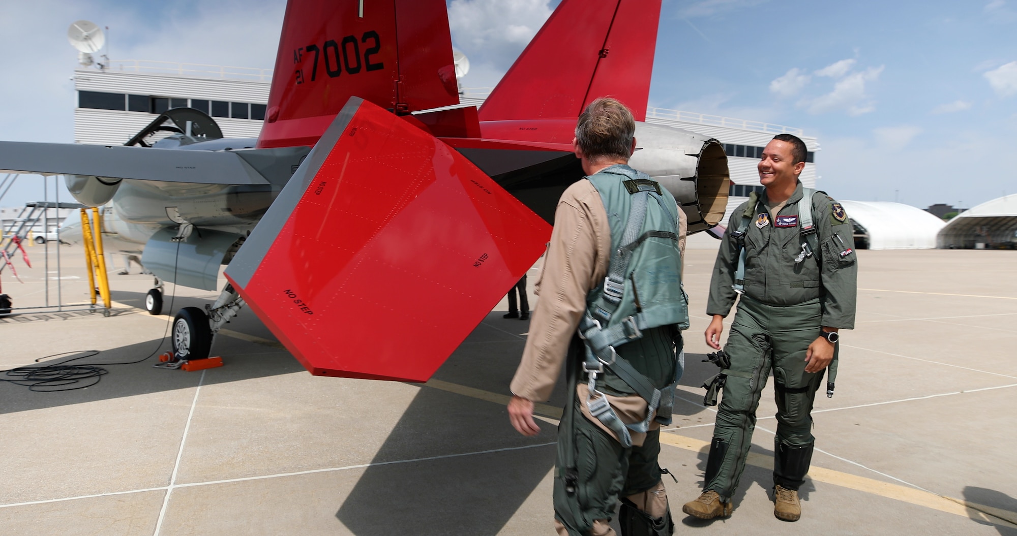Maj. Bryce Turner, 416th Flight Test Squadron, conducts a walk around of a T-7A Red Hawk at the Boeing aircraft delivery center in St. Louis, Missouri, June 15. Turner became the first Air Force pilot to fly the T-7A Red Hawk, following a test flight at the Boeing aircraft delivery center in St. Louis, Missouri, June 28.