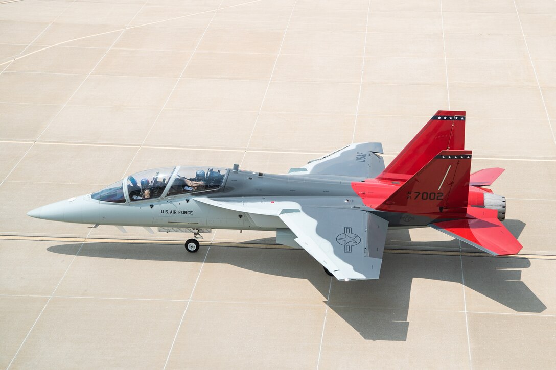 Boeing test pilots conduct taxi tests of the T-7A Red Hawk at the Boeing aircraft delivery center in St. Louis, Missouri, June 22. Turner became the first Air Force pilot to fly the T-7A Red Hawk, following a test flight at the Boeing aircraft delivery center in St. Louis, Missouri, June 28.