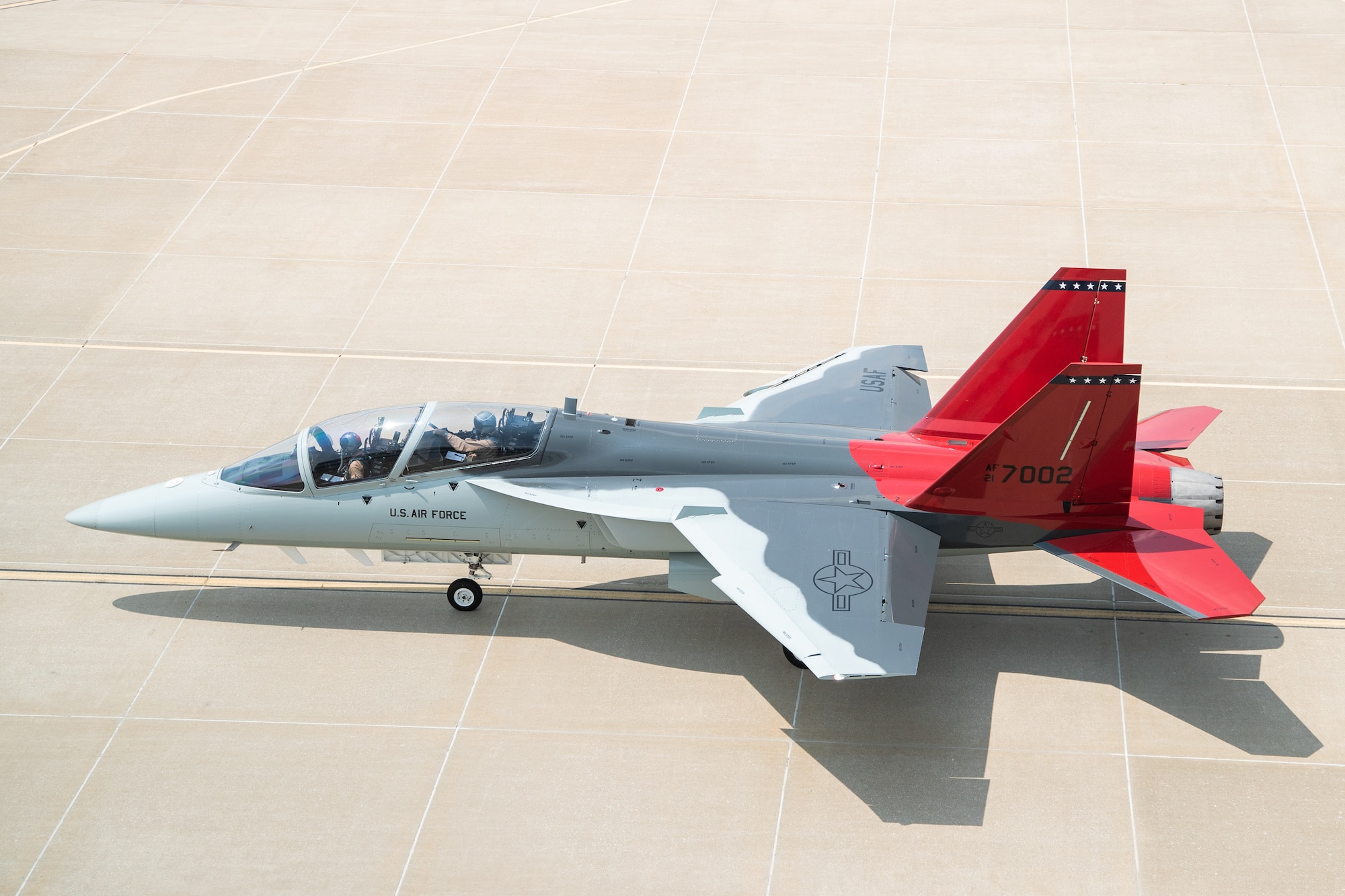 Boeing test pilots conduct taxi tests of the T-7A Red Hawk at the Boeing aircraft delivery center in St. Louis, Missouri, June 22. Turner became the first Air Force pilot to fly the T-7A Red Hawk, following a test flight at the Boeing aircraft delivery center in St. Louis, Missouri, June 28.