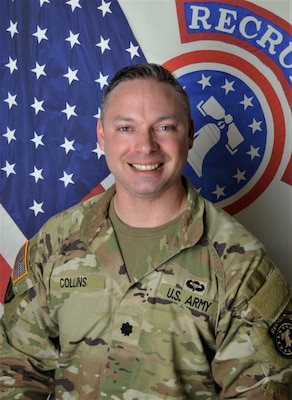 Army Recruiting Soldier in front of American and Army Recruiting flags