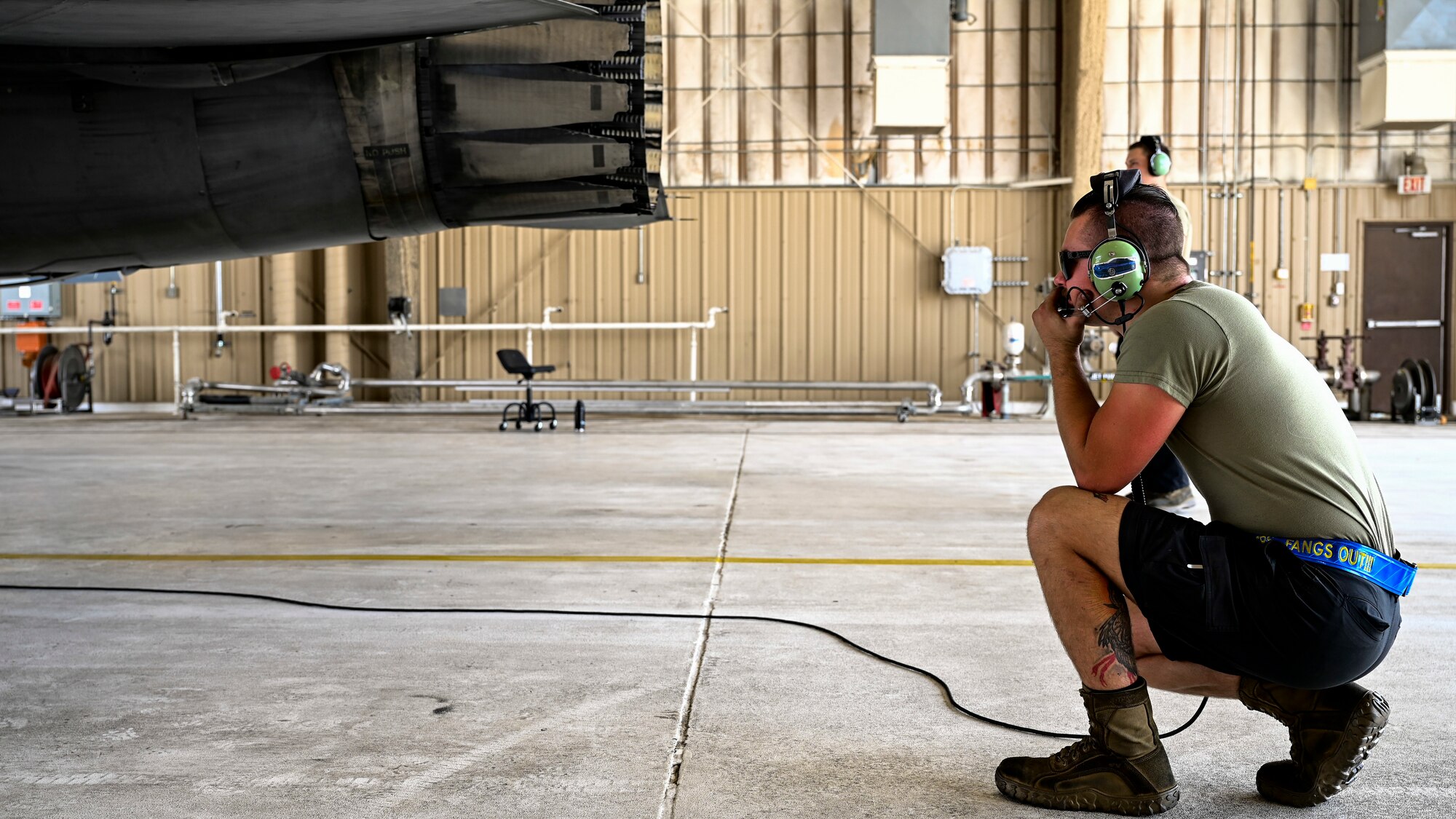 U.S. Air Force Senior Airman Connor Geyer,  849th Aircraft Maintenance Squadron propulsion journeyman, performs an engine check on an F-16 Viper at Holloman Air Force Base, New Mexico, June 27, 2023.