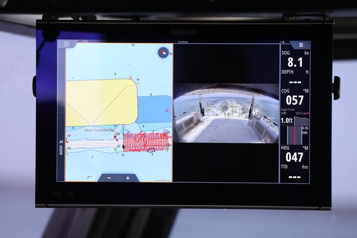 This is one of the boat captain’s monitors aboard the Tanner II, a U.S. Army Corps of Engineers Galveston District survey crew vessel. The red line indicates the area already mapped by the Tanner II crew. The boat makes continued crosses over the dredged area, approximately 900 feet wide and 6,000 feet long in 100 feet sections.