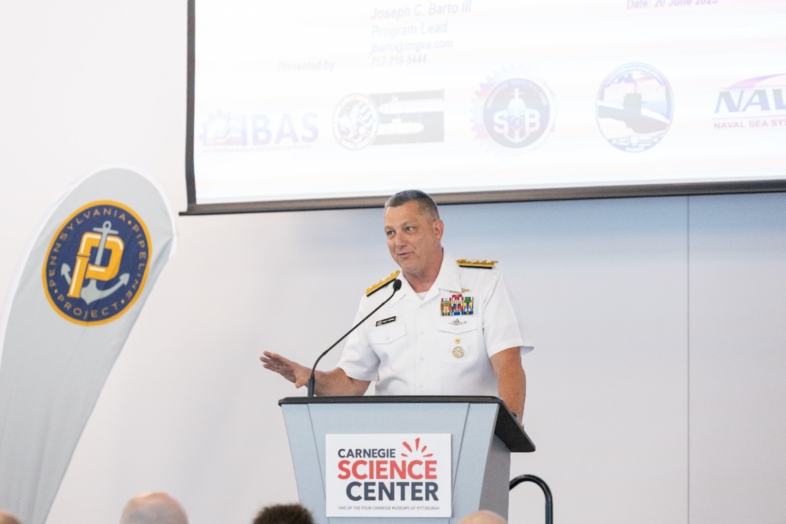 Rear Admiral Scott Pappano, Program Executive Officer, Strategic Submarines, gives remarks at the Navy’s Submarine Industrial Base (SIB) Program’s Talent Pipeline Project Signing Day in Pittsburgh on June 20, 2023.