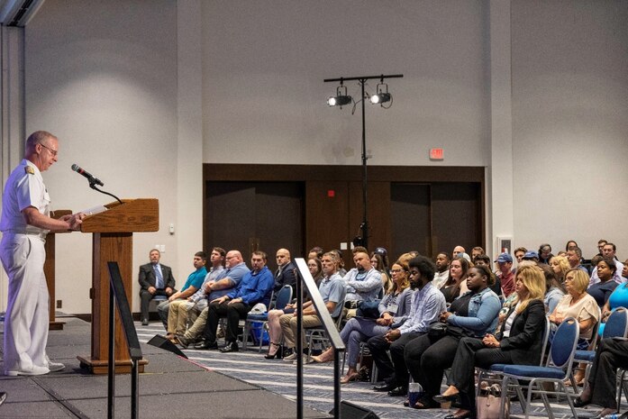 Admiral Daryl Caudle, commander, U.S. Fleet Forces Command, gives the keynote address at the Navy’s Submarine Industrial Base (SIB) Program’s Talent Pipeline Project Signing Day in Virginia on June 3, 2023.