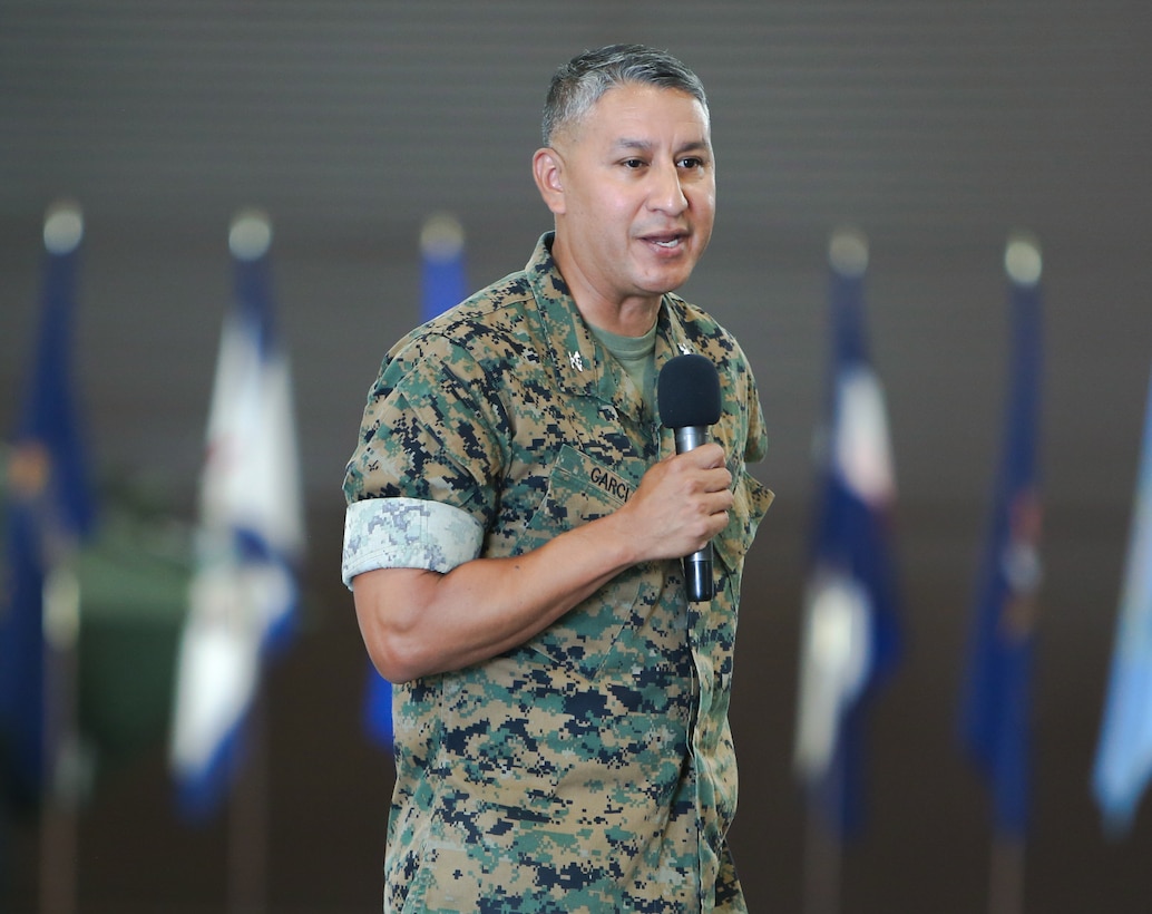 Col. Matthew J. McKinney assumed command of Marine Corps Logistics Base Albany after Col. Michael J. Fitzgerald relinquished command, June 29. Leadership from the Albany area community were in attendance at the change of command ceremony along with Col. Adolfo Garcia Jr., commander, Marine Corps Installations East. (U.S. Marine Corps photo by Jennifer Parks)