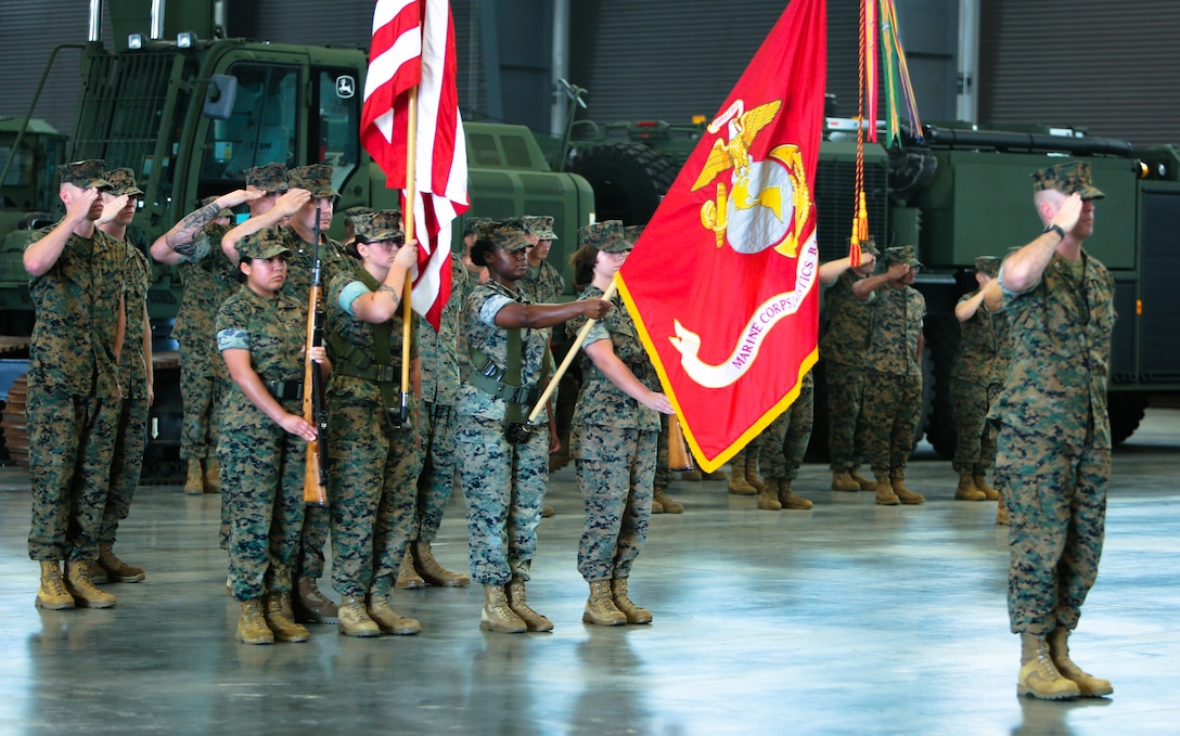 Col. Matthew J. McKinney assumed command of Marine Corps Logistics Base Albany after Col. Michael J. Fitzgerald relinquished command, June 29. Leadership from the Albany area community were in attendance at the change of command ceremony along with Col. Adolfo Garcia Jr., commander, Marine Corps Installations East. (U.S. Marine Corps photo by Jennifer Parks)