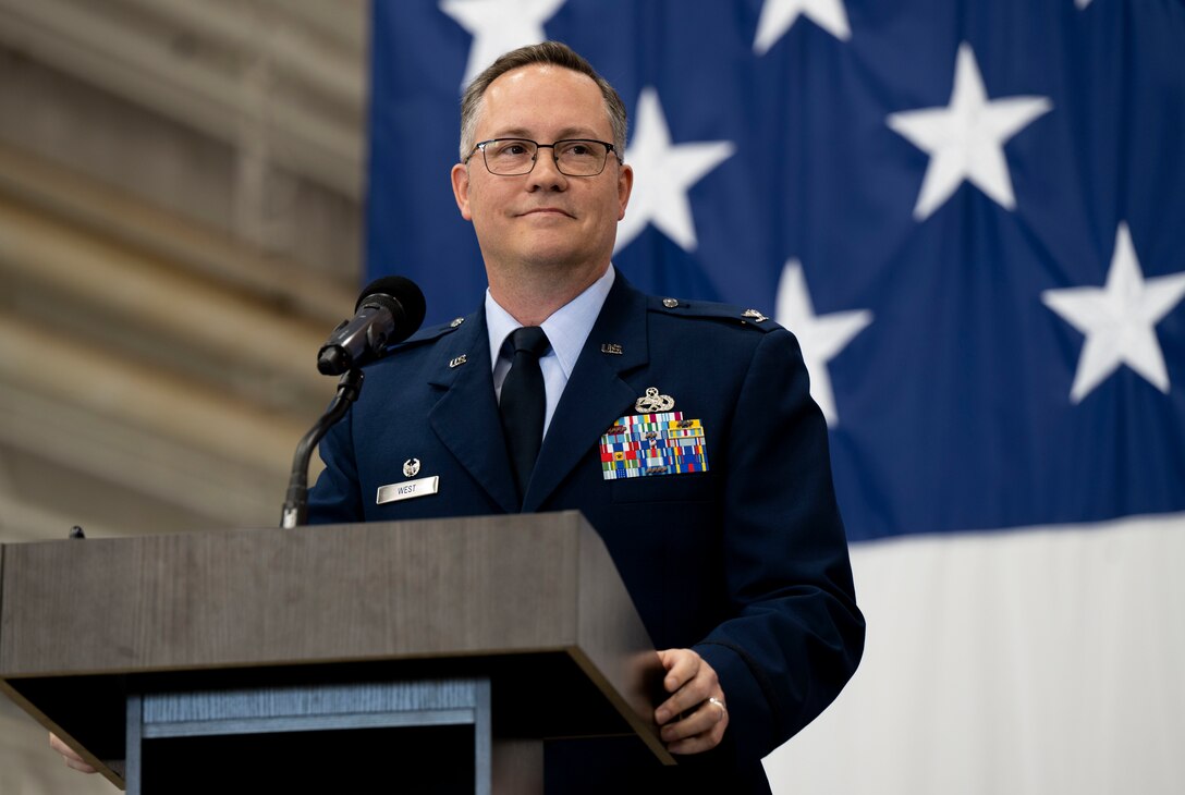 U.S. Air Force Col. Johnny West, incoming 28th Maintenance Group commander, gives a speech during a change of command ceremony at Ellsworth Air Force Base, South Dakota, June 29, 2023.