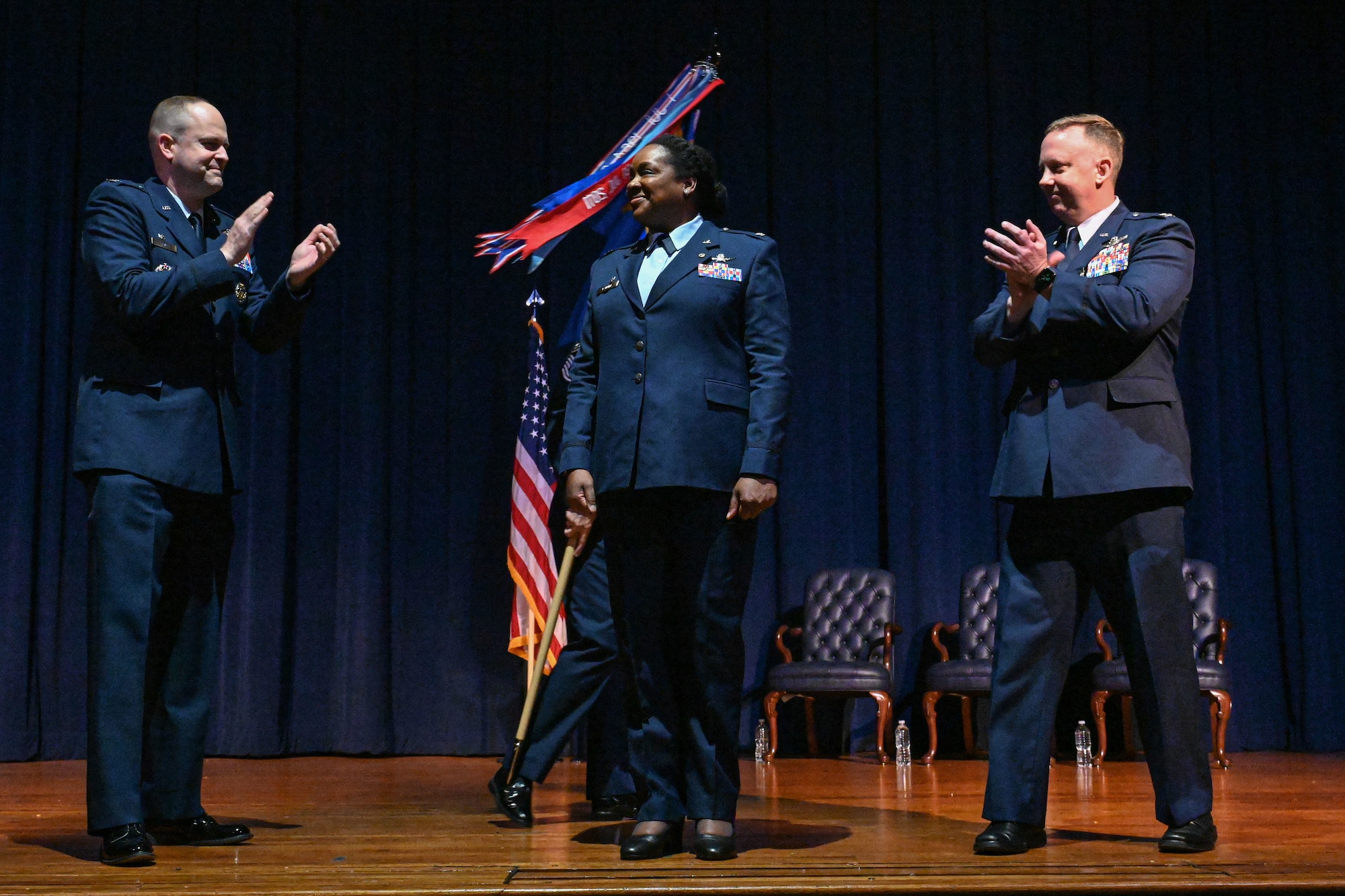 Airmen from the 19th Mission Support Group hold a change of command ceremony in the theater.