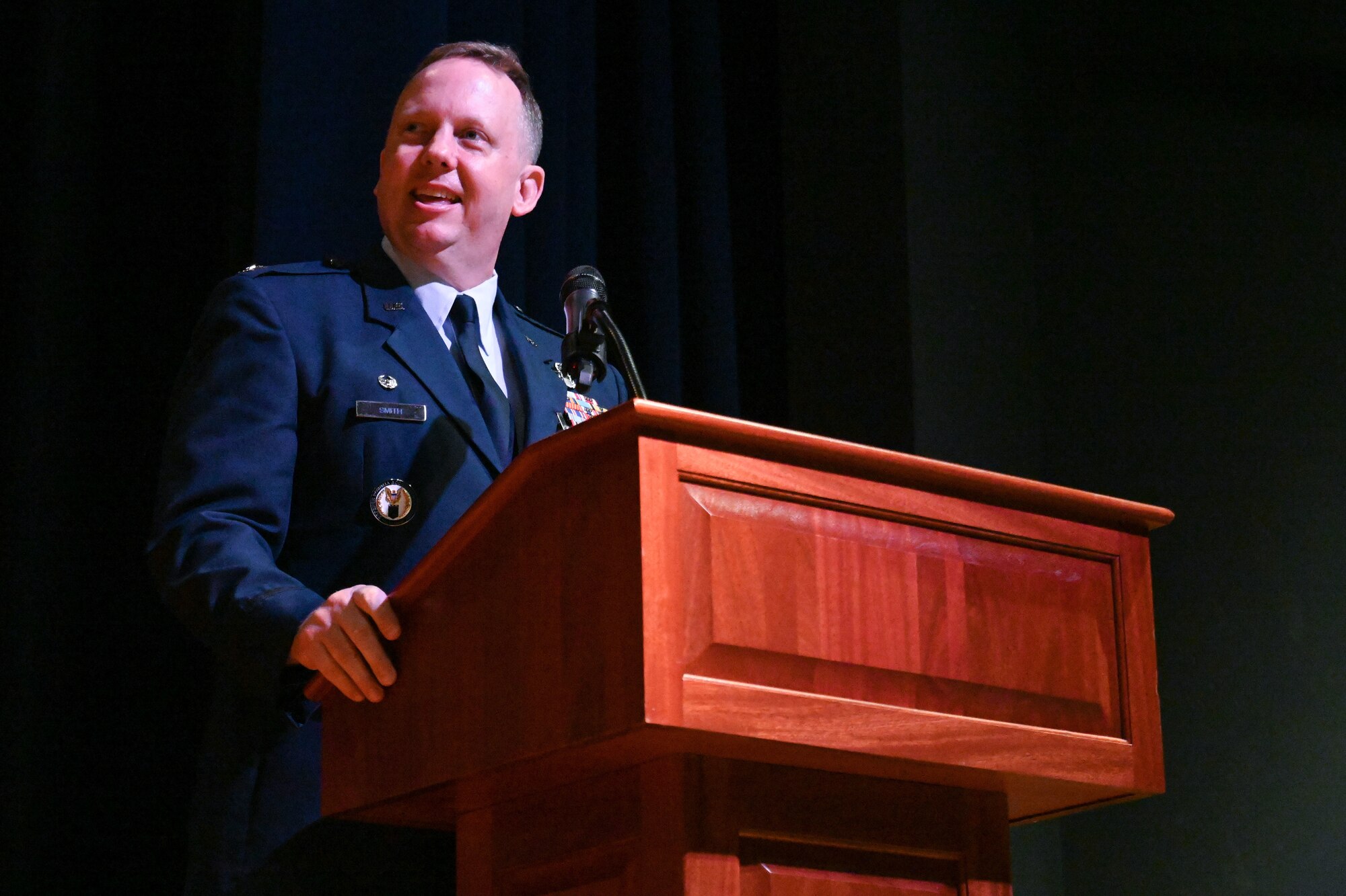 Airmen from the 19th Mission Support Group hold a change of command ceremony in the theater.