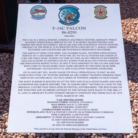 The aircraft was retired from the 64th Aggressor Squadron and repainted to resemble the Red Eagles of the 4477th Test and Evaluation Flight’s original aggressor soviet style aircraft.