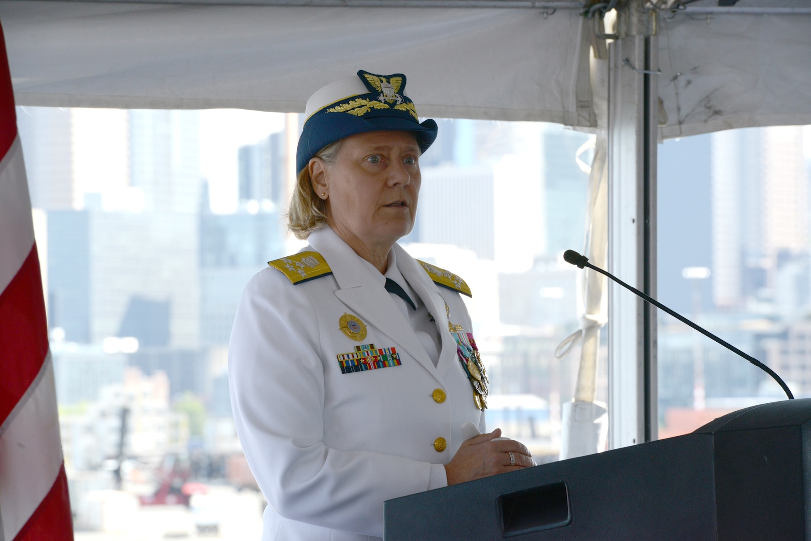 Adm. Linda Fagan, commandant of the Coast Guard, addresses attendees during a change of command ceremony aboard Coast Guard Cutter Healy (WAGB 20), June 29, 2023, at Base Seattle. During the ceremony, Capt. Michele Schallip assumed command of Healy after relieving Capt. Kenneth Boda. (U.S. Coast Guard photo by Petty Officer 2nd Class Michael Clark)