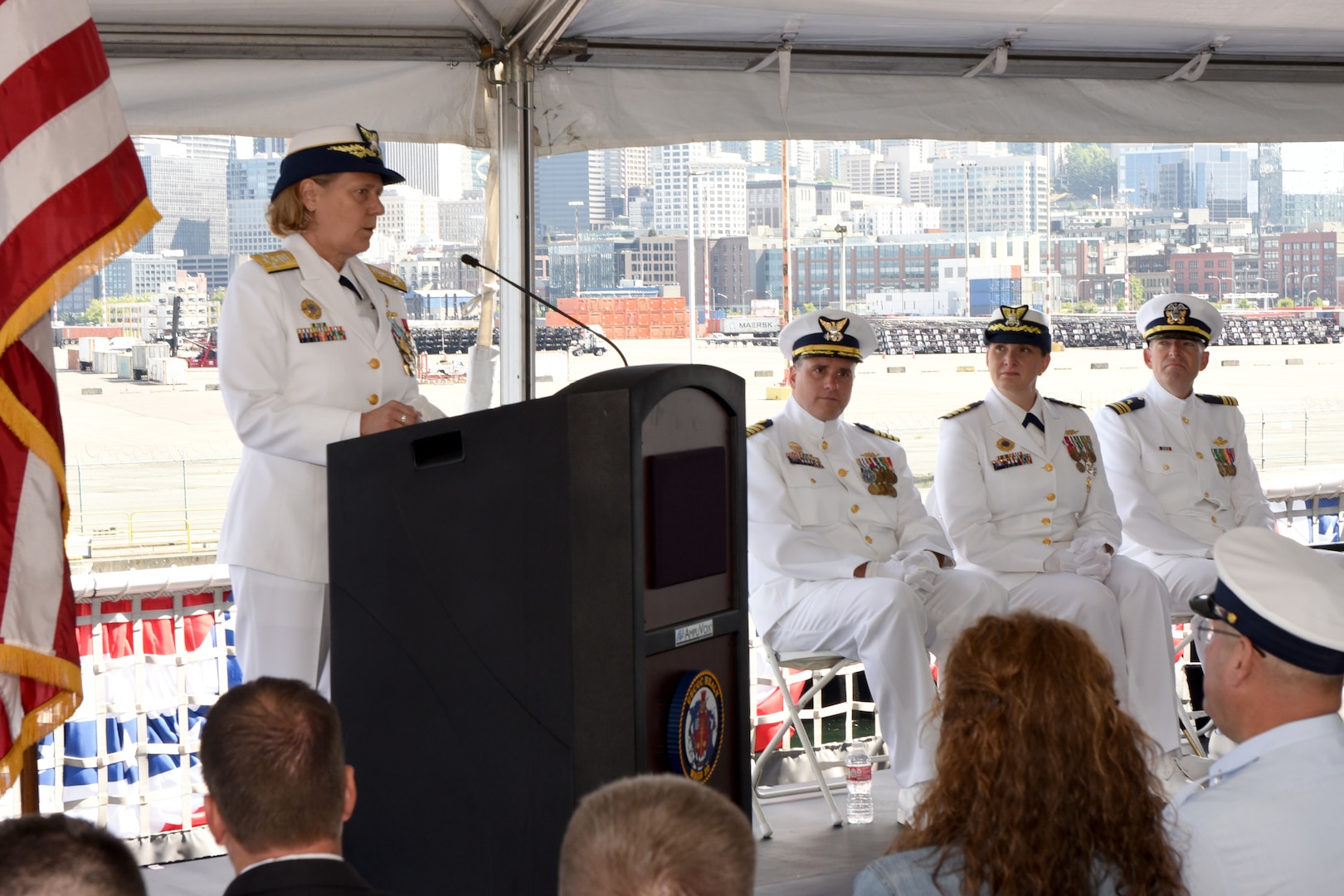 Adm. Linda Fagan, commandant of the U.S. Coast Guard, speaks to family, crew and attendees during a change of command ceremony aboard Coast Guard Cutter Healy (WAGB 20), June 29, 2023, at Base Seattle. Capt. Michele Schallip most recently served as Special Assistant to the Commandant and assumed command of Healy after relieving Capt. Kenneth Boda. (U.S. Coast Guard photo by Petty Officer 2nd Class Michael Clark)