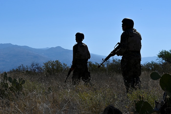 A photo of two people wearing military uniforms and holding rifles standing in a field in front of a mountain range.