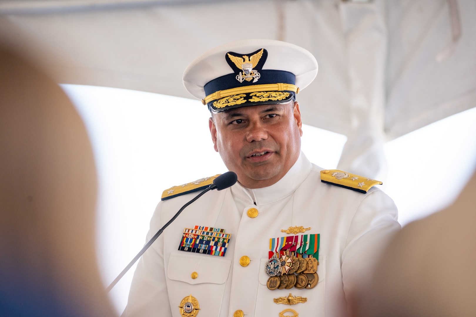Vice Adm. Andrew Tiongson, the Coast Guard Pacific Area commander, speaks during the Coast Guard Cutter Alert's (WMEC 630) change of command ceremony in Astoria, Oregon, June 29, 2023. During the ceremony, Cmdr. Lee Crusius relieved Cmdr. Matthew Kolodica as the cutter’s commanding officer. (U.S. Coast Guard photo by Petty Officer 1st Class Travis Magee)