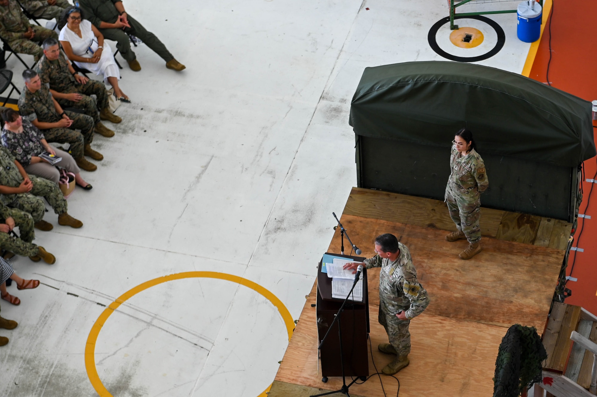 U.S. Air Force Brig. Gen. Thomas Palenske offers remarks during the 36th Wing change of command ceremony at Andersen Air Force Base, Guam, June 30, 2023.